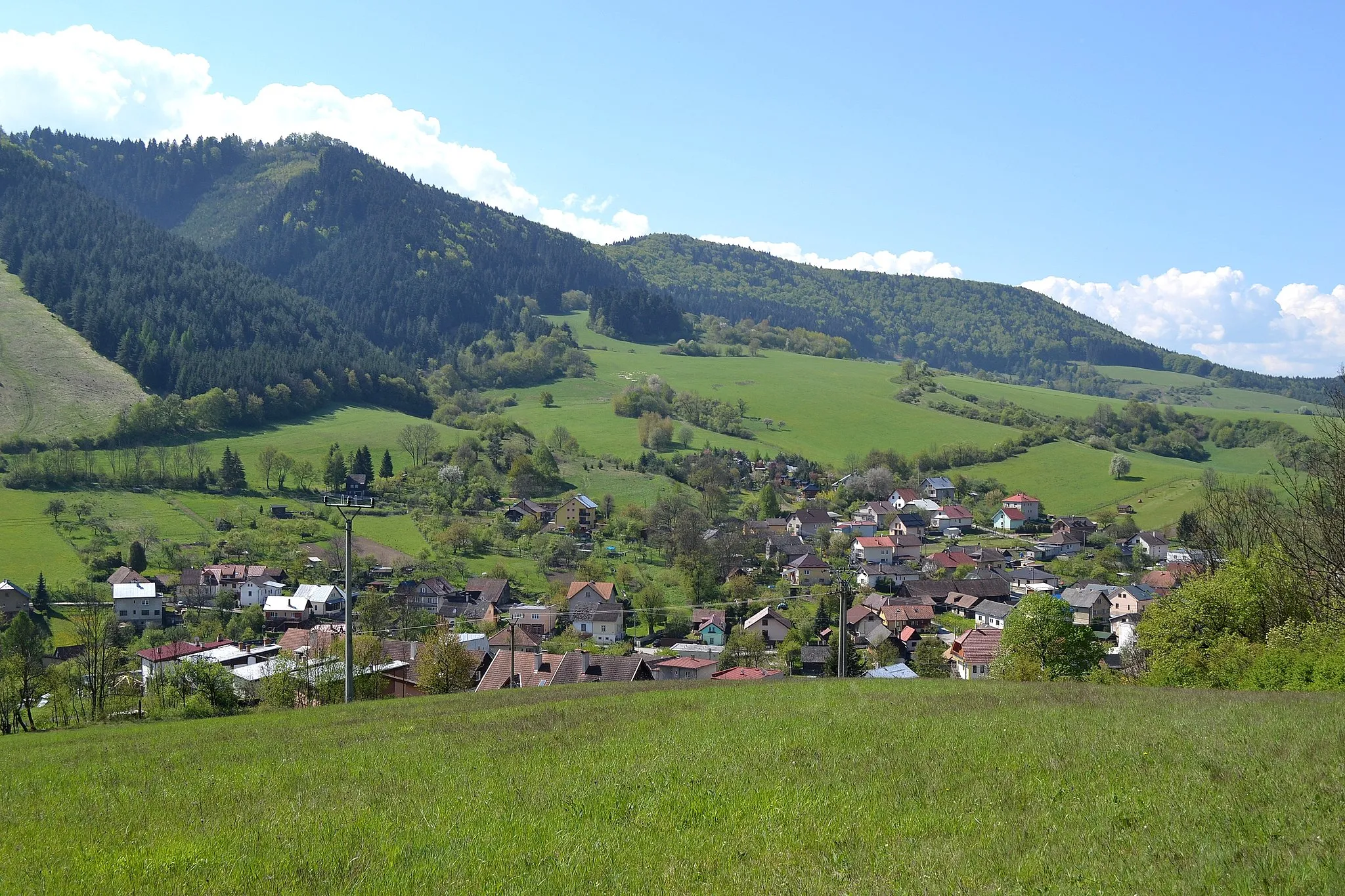 Photo showing: Lietavská Svinná-Babkov (okr. Žilina), pohľad na časť obce z lúky pod Lietavským hradom; v pozadí Strážovské vrchy