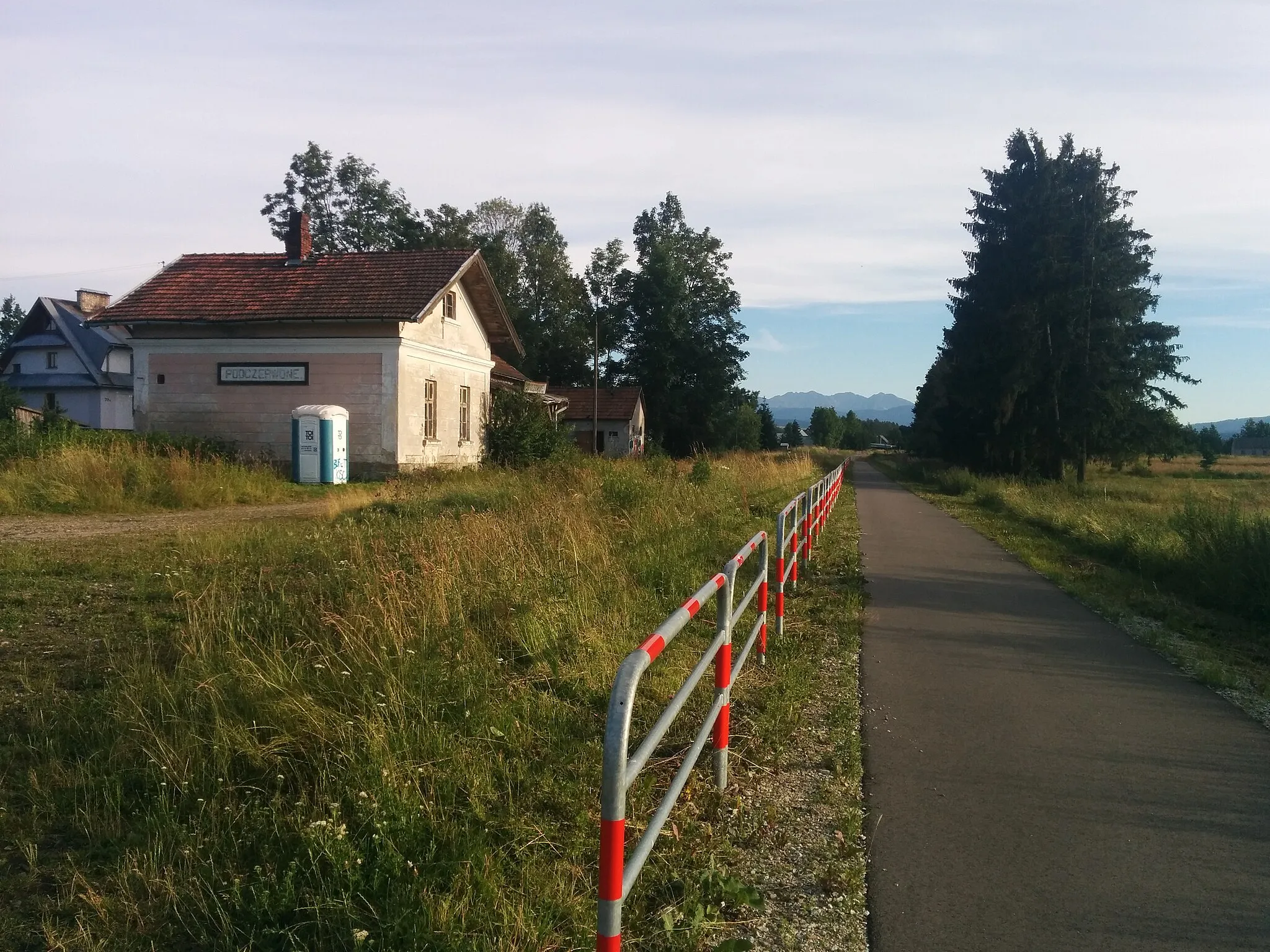 Photo showing: Widok na budynek dworca z drogi rowerowej Nowy Targ - Trzciana.