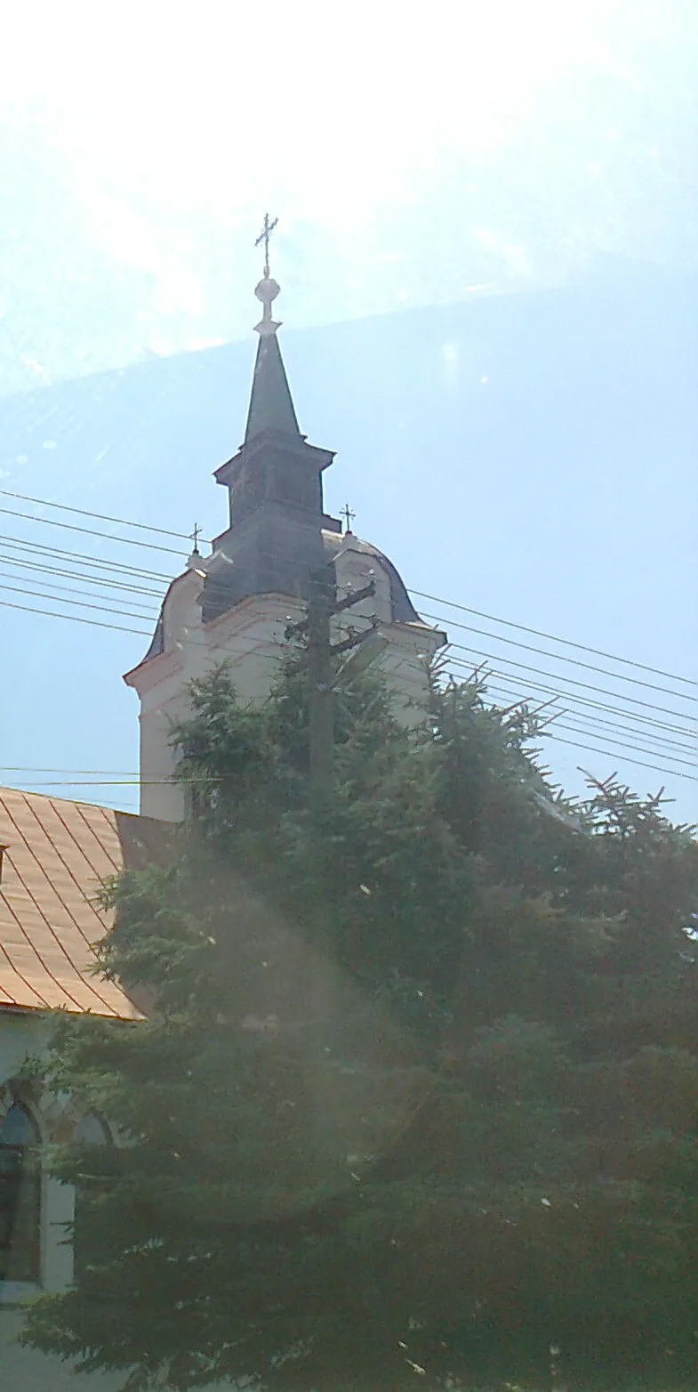 Photo showing: Roman Catholic church of the Transfiguration of Jesus in the village of Sliepkovce, Michalovce district, Slovakia, during the summer months (June 2021). Eclectic architecture church established in 1922.