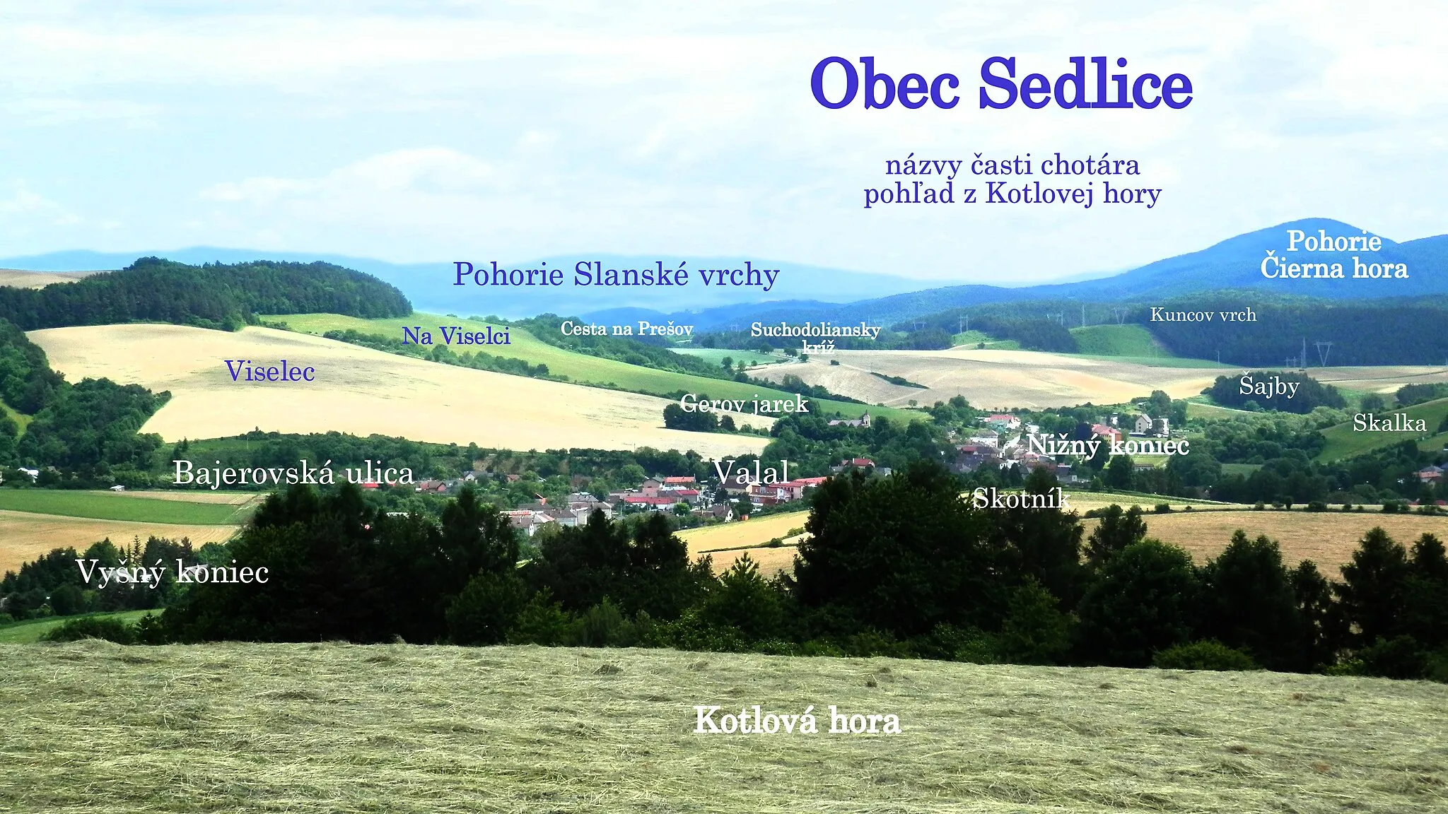 Photo showing: Panoráma. Šarišská vrchovina. Názvy časti chotára, pri pohľade na obec Sedlice zo severu (lokalita od Kotlovej hory). Okres Prešov. Slovensko.