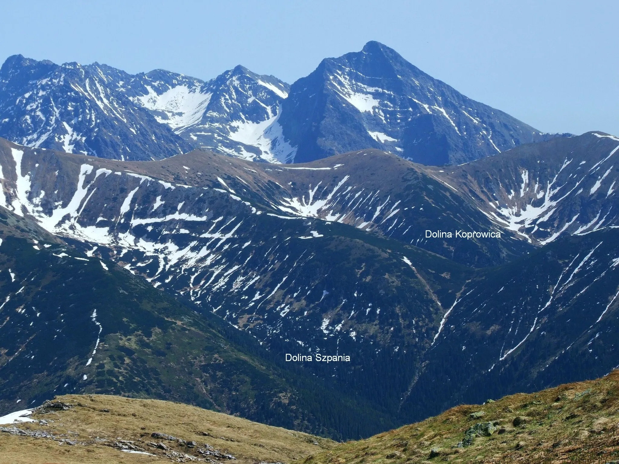 Photo showing: Widok na Tatry Wysokie z Małołączniaka. Najwyższy szczyt to Krywań