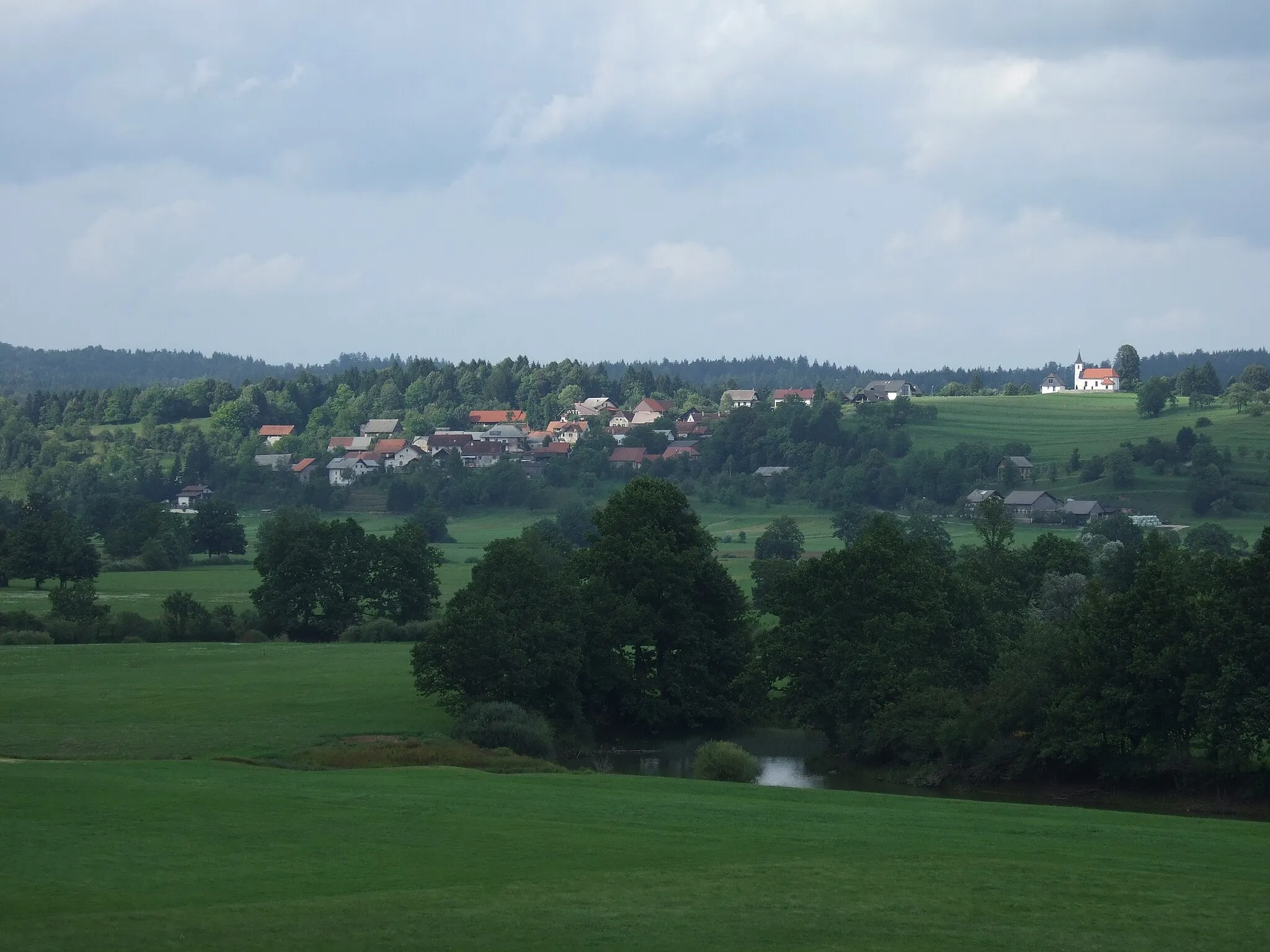 Photo showing: The Unica River and the village of Jakovica (Municipality of Logatec, Slovenia), zoomed

source name:/mnt/eigenes/bilder/2011/urlaub/Tage/Tag_30/dscf_F30-2_012621_Fluss_Unica_und_Dorf_Laze_(Gemeinde_Logatec)_zoom.jpg