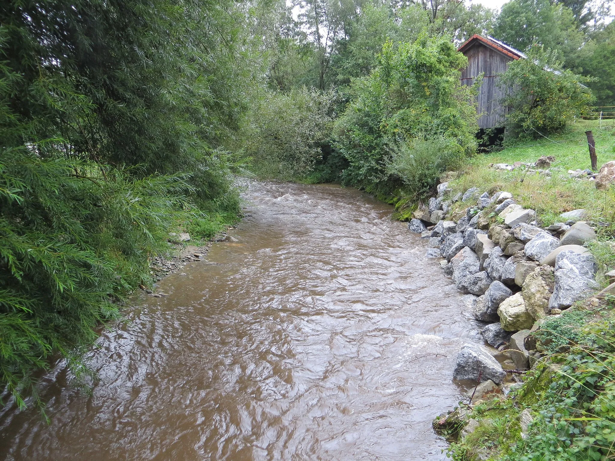 Photo showing: The Mislinja River in the hamlet of Spodnje Dovže in Dovže, Municipality of Mislinja, Slovenia