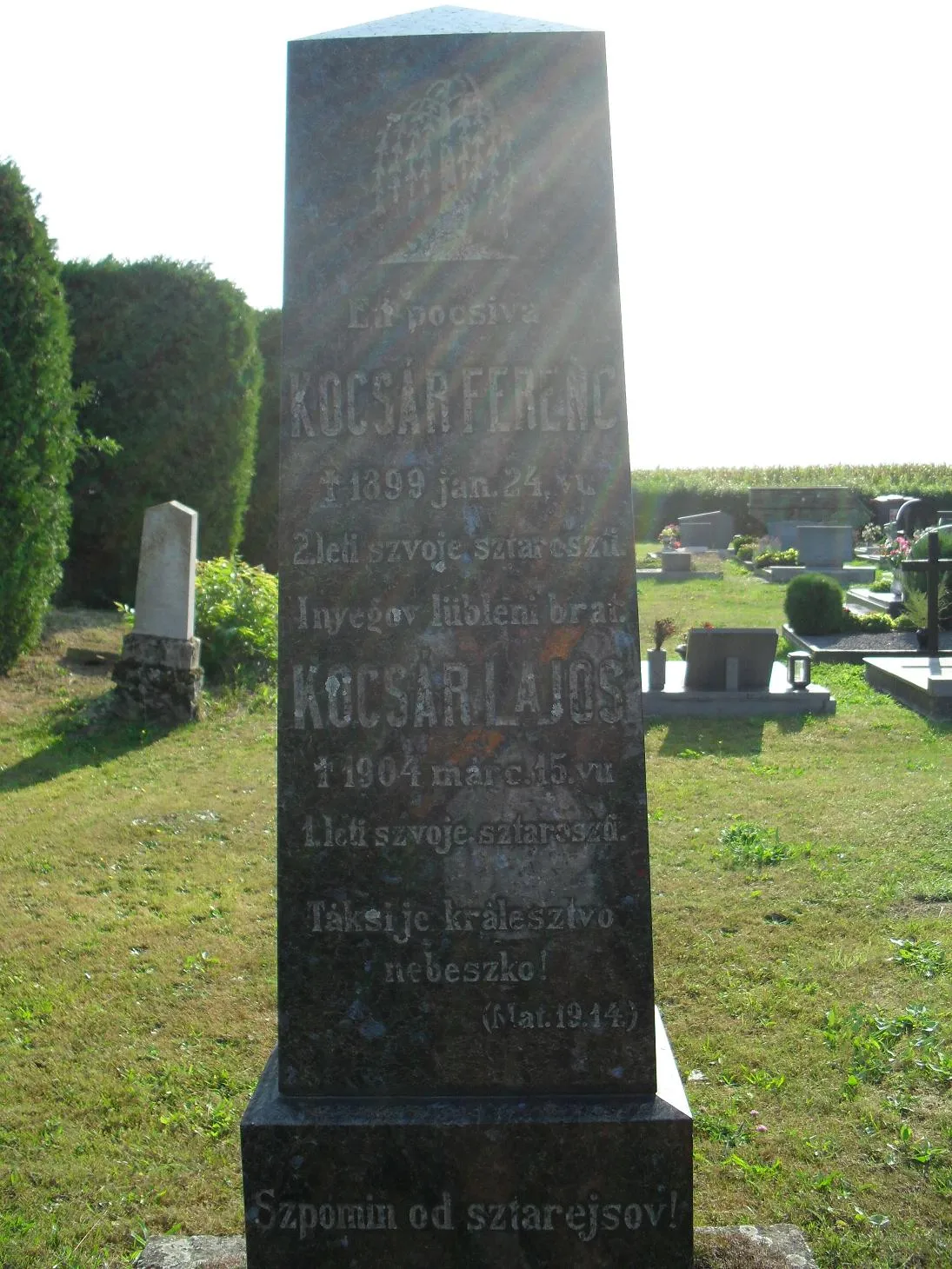 Photo showing: The grave of the Kocsár childs in Kupšinci, with inscription in prekmurian language (prekmurščina)
