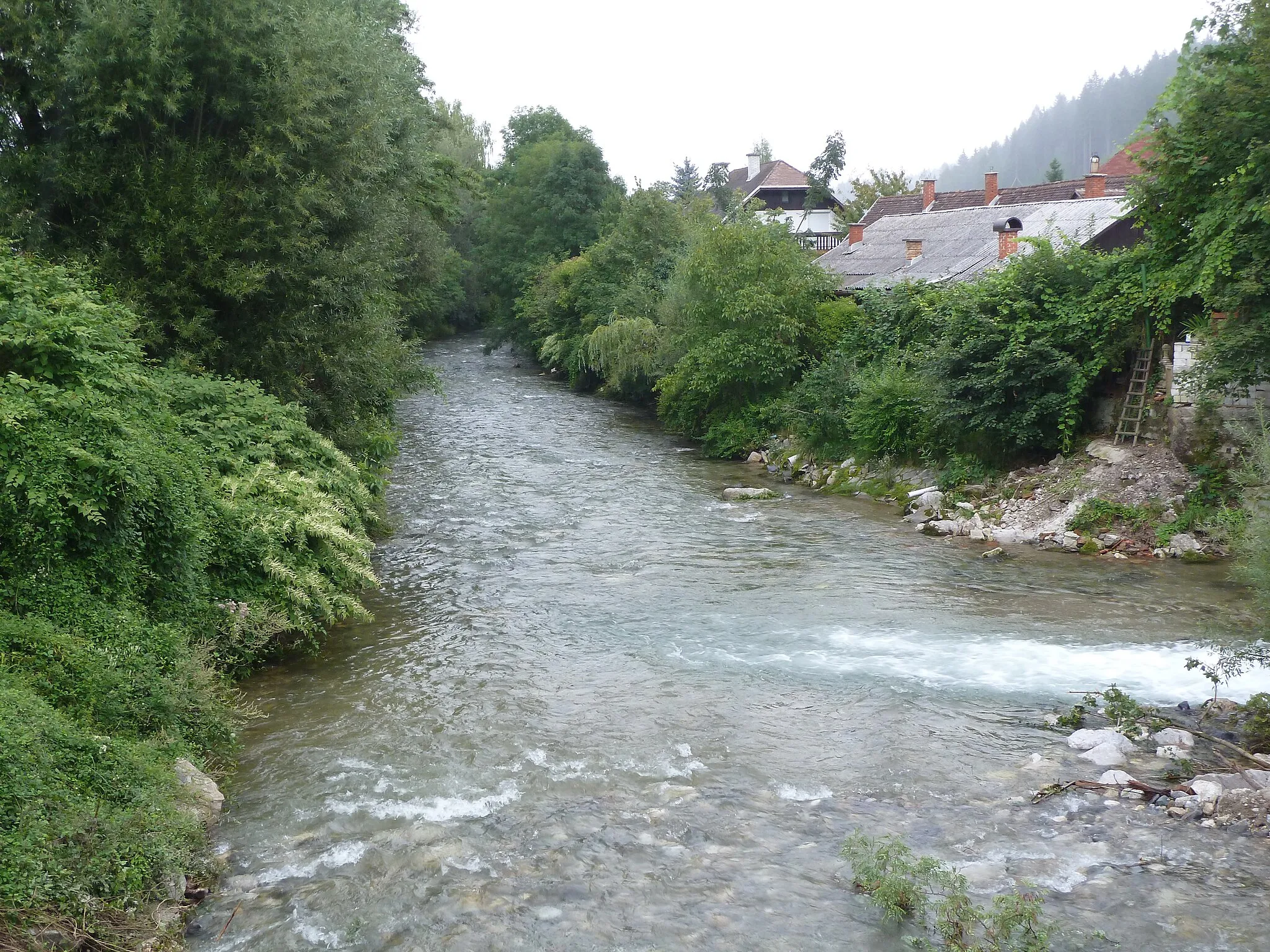 Photo showing: Meža River in the town of Prevalje at the confluence with Leški graben