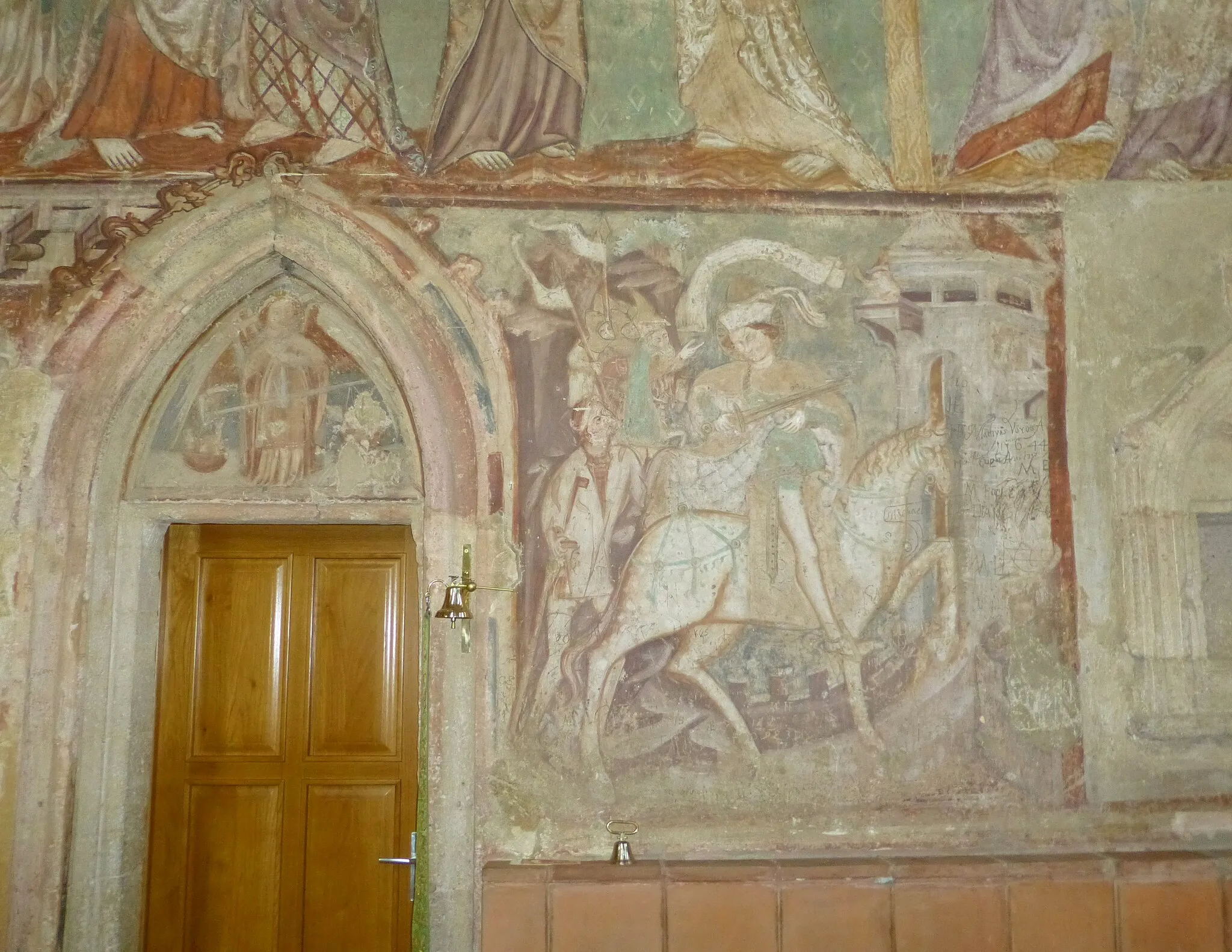 Photo showing: Frescos in St. Martin's church at Martjanci (Prekmurje, Slovenia). The iconic image: St. Martin gives part of his cloak to a poor.