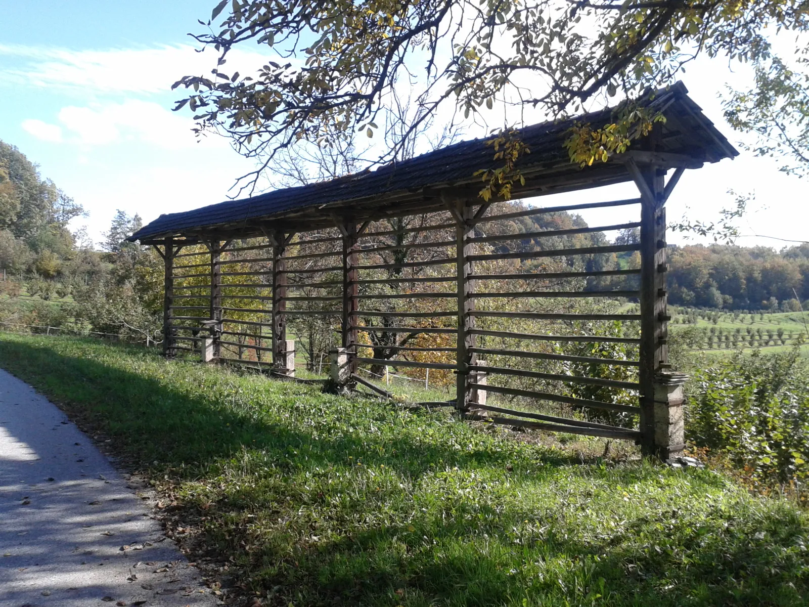 Photo showing: A single hayrack in Pečice, Municipality of Litija (southeastern Slovenia).
