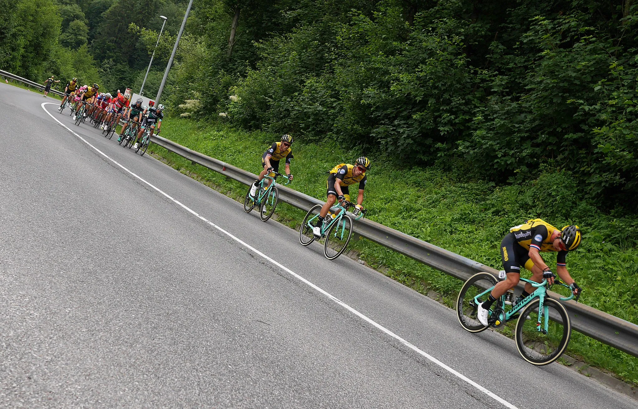 Photo showing: 3rd stage of Tour of Slovenia 2018 on Trojane hill with Team Lotto Jumbo (NL) in the front. Primož Roglič is second from the right side with Dylan Groenewegen far right.