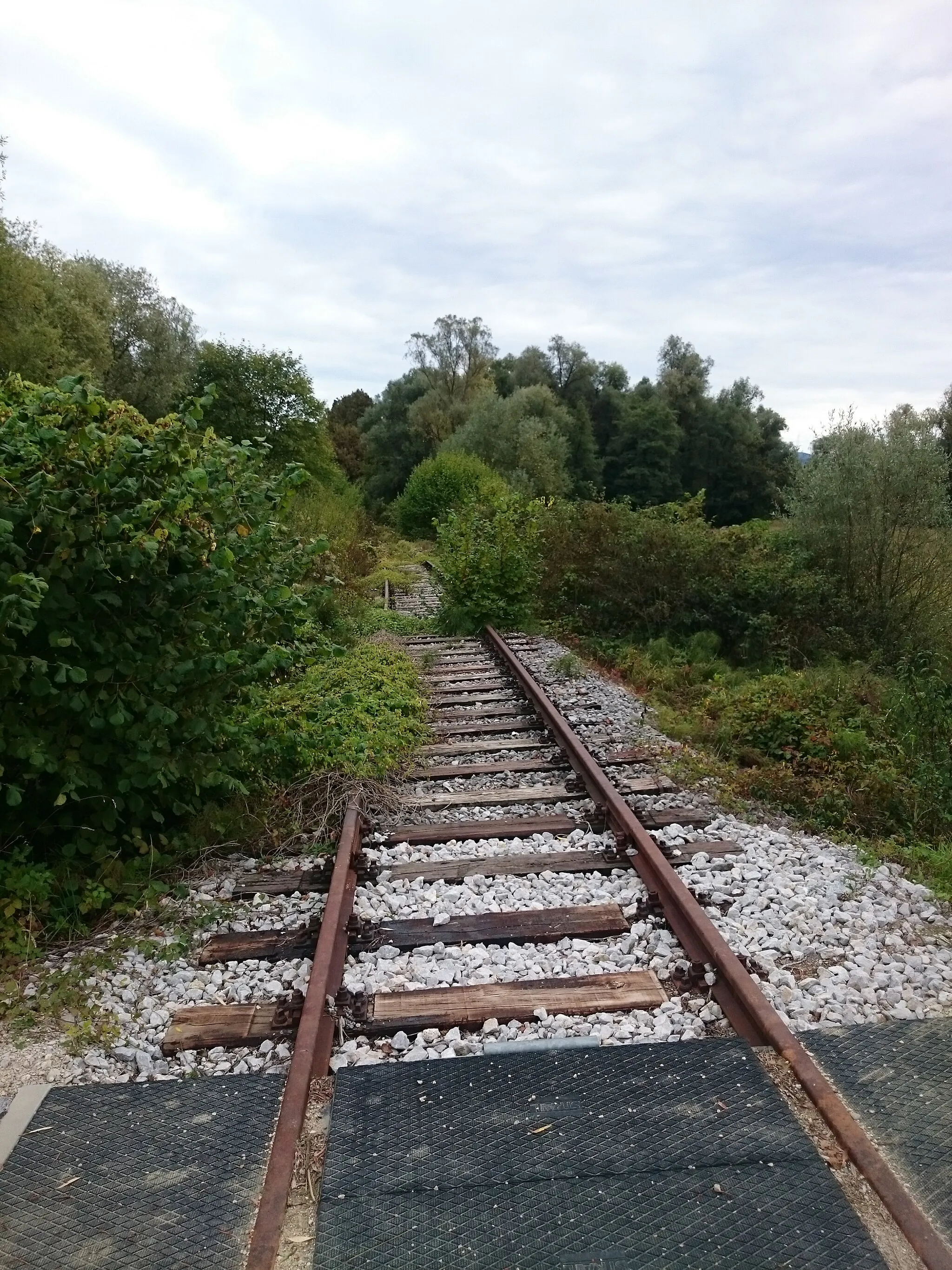 Photo showing: Level crossing of a cycling route over the de facto abandoned section of the Stranje - Imeno - Savski Marof railway line in Golobinjek ob Sotli. View southwards, i.e. towards Zagorska Sela (Croatia).