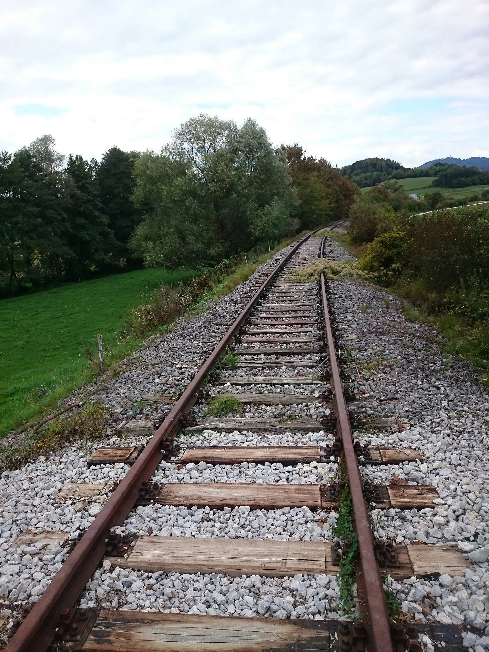 Photo showing: Level crossing of a cycling route over the de facto abandoned section of the Stranje - Imeno - Savski Marof railway line in Golobinjek ob Sotli. View northwards, i.e. towards the Imeno railway station.