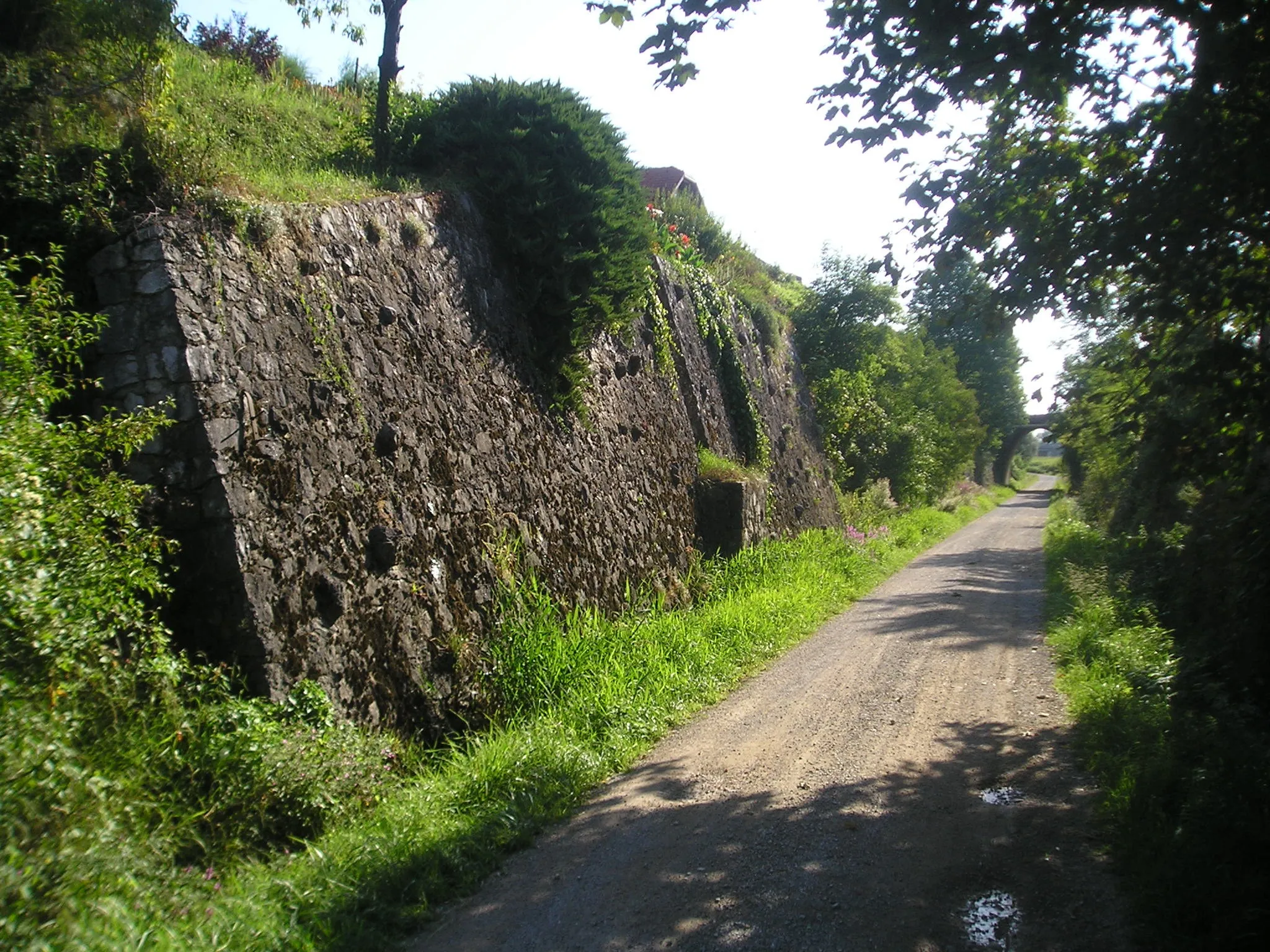 Photo showing: Log pri Brezovici, Slovenia: a route of the former Brezovica - Vrhnika railway line, a cutting and a bridge of the Ljubljana - Vrhnika main road over the route