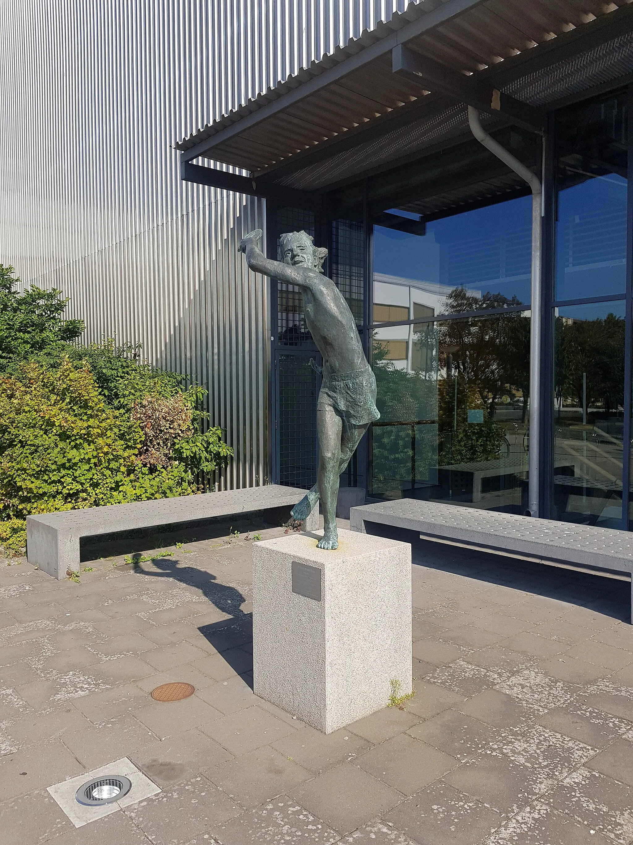 Photo showing: Staty föreställande pingisspelaren Stellan Bengtsson. Statyn står i Falkenberg utanför Falkhallen och är formgiven av konstnären Martina Falkehag Kinn.