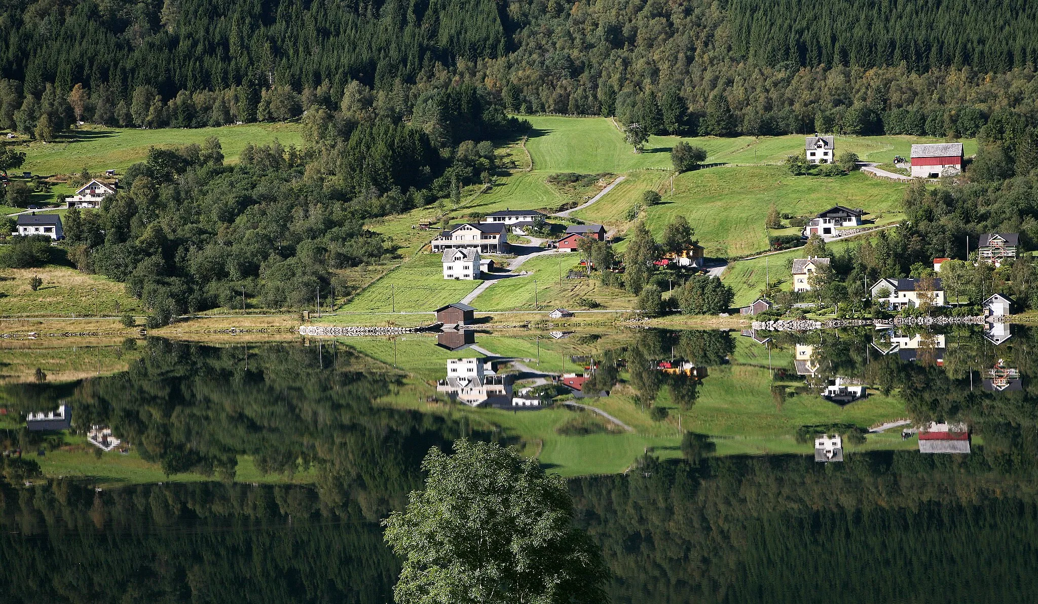 Photo showing: Reflection of the landscape in Voldsfjorden. Seen near the village of Volda in the county of Fylke Møre og Romsdal, Norway.
