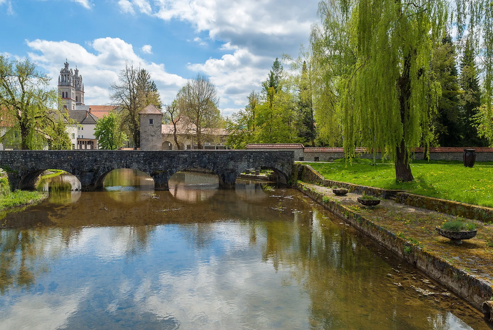 Photo showing: View of Ribnica, Slovenia. On the left is the Church of St. Stephen, right is Ribnica Castle.