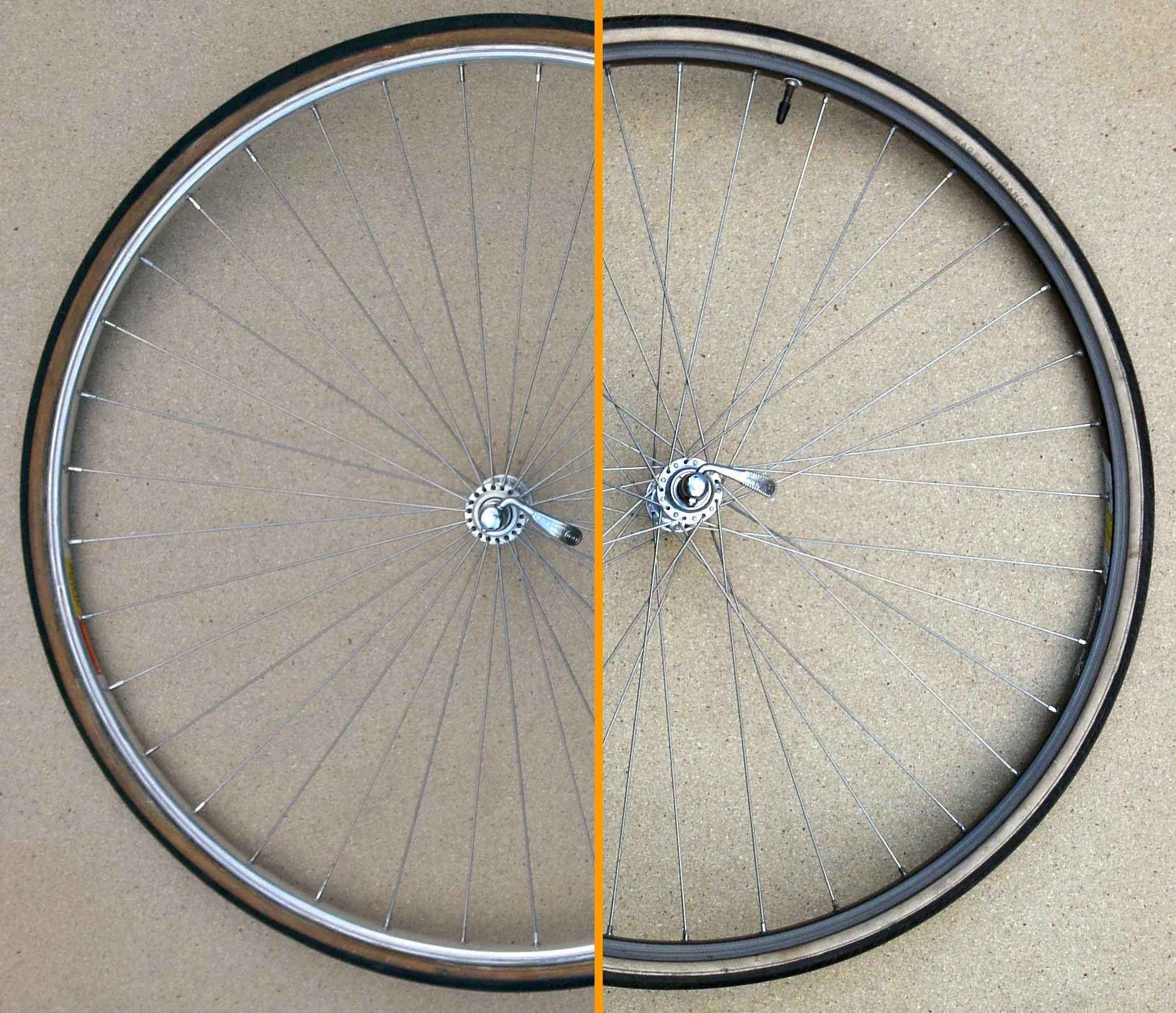 Photo showing: Vergleich radialer (links) und 3-fach gekreuzter Speichung (rechts)