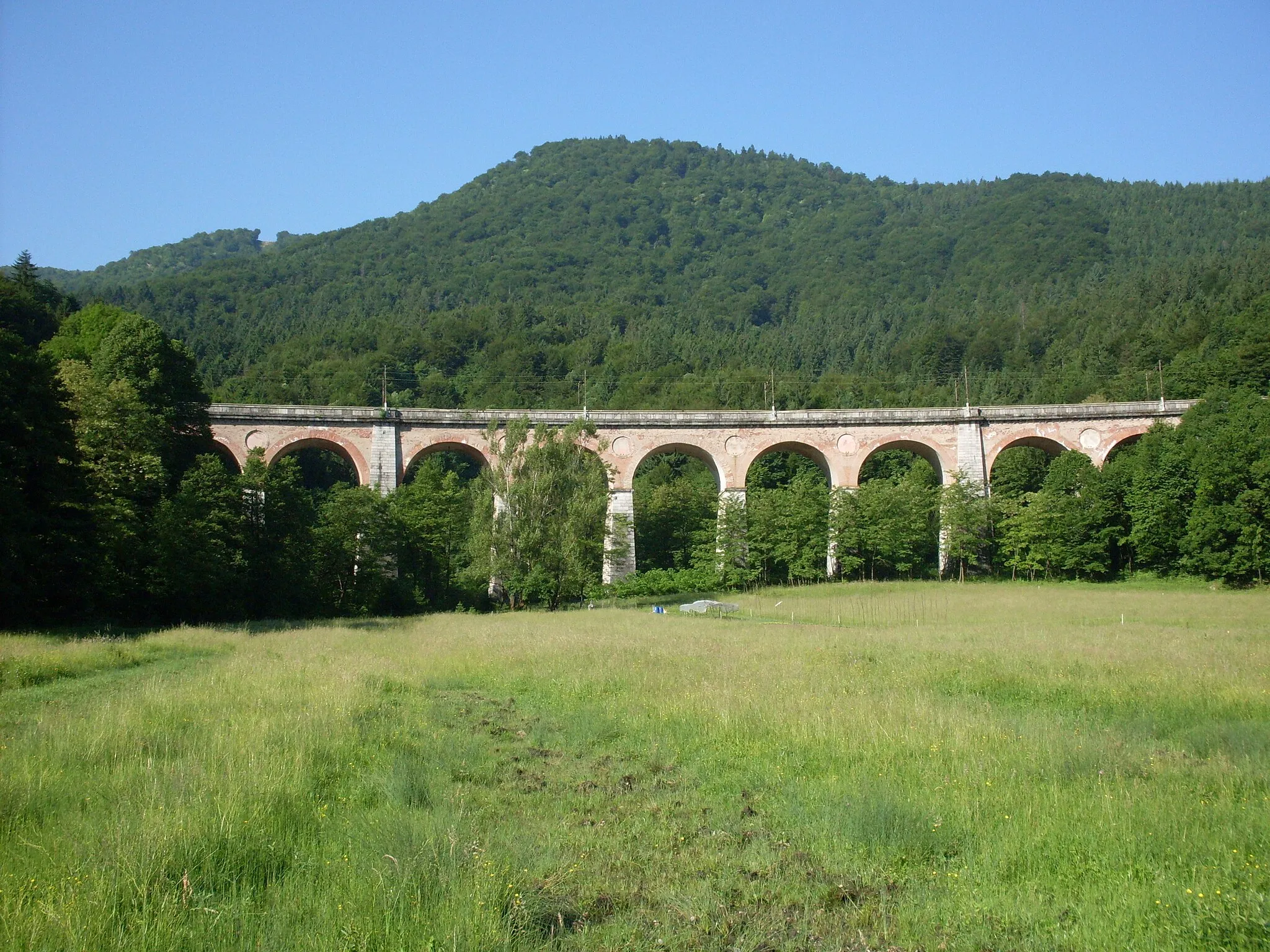 Photo showing: North-eastern side of the railway viaduct, called Dolinski most or Jelenov viadukt or Hirschthaler Viadukt in German (meeaning Deervalley viaduct), near Borovnica, Slovenia. The viaduct was built in 1856 and is still in use today.