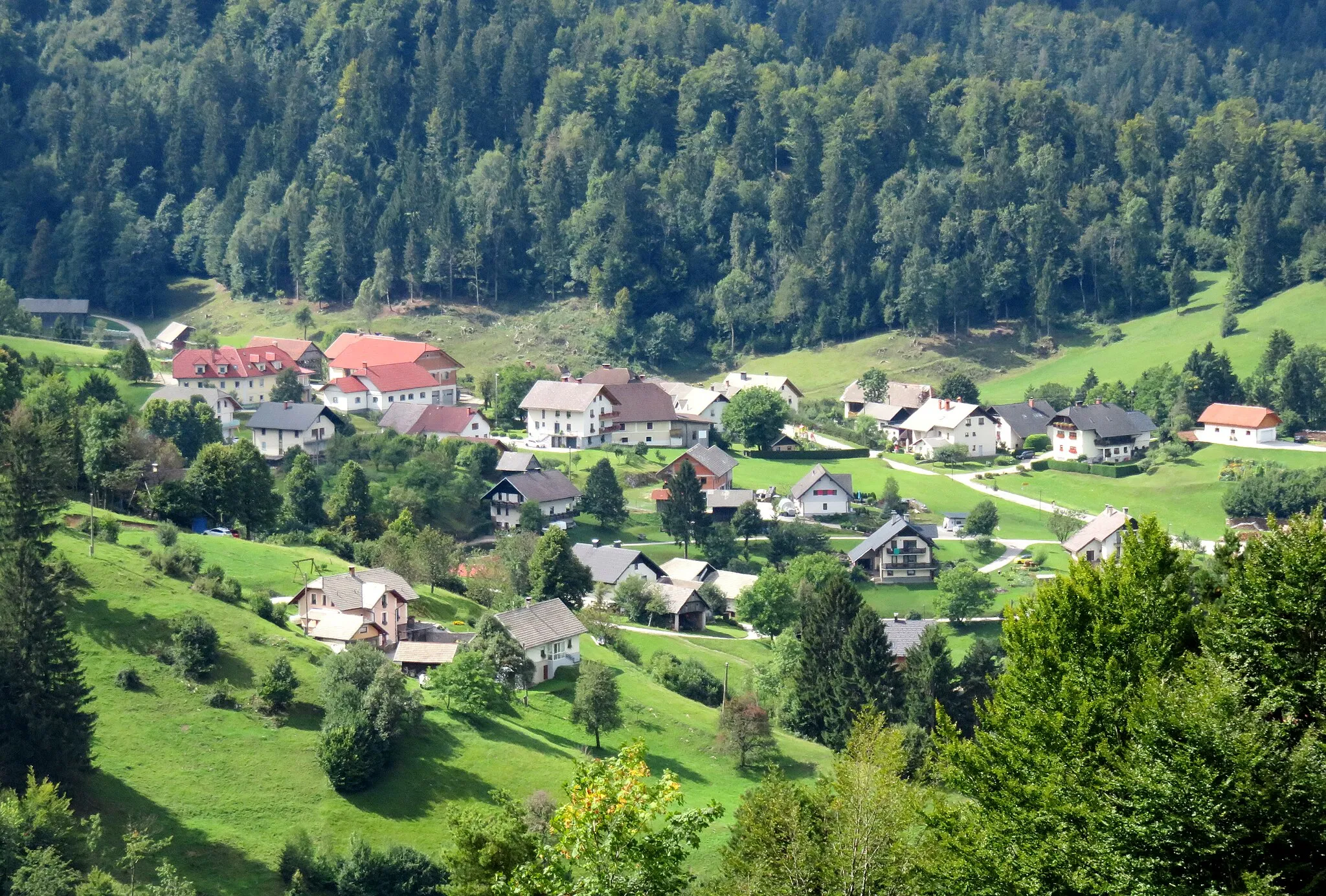 Photo showing: Dolge Njive, Municipality of Gorenja Vas–Poljane, Slovenia with part of neighboring Lučine (foreground)