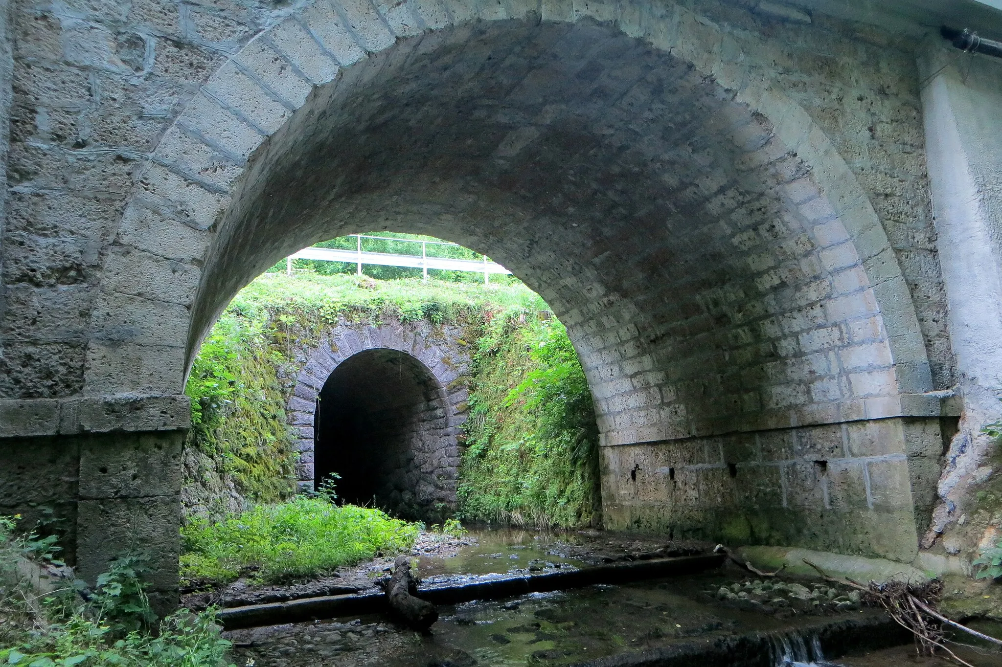 Photo showing: Bridges over Draga Creek for the road (front) and railroad (rear) from Naklo to Tržič in Žiganja Vas, Municipality of Tržič, Slovenia. The railroad line was completed in 1908 and discontinued in 1966.