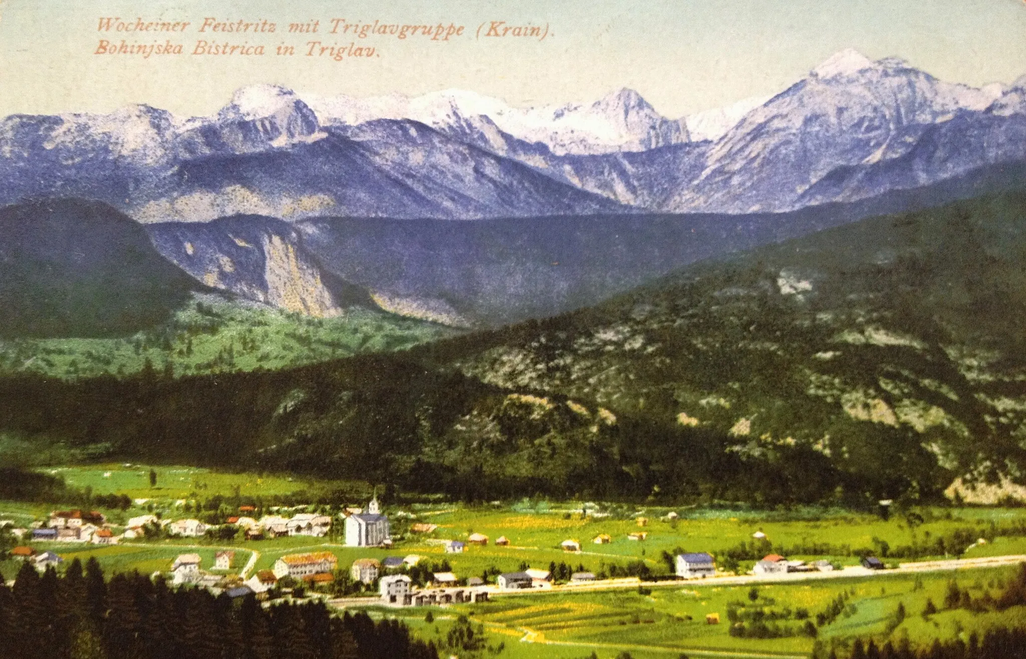 Photo showing: Postcard of Bohinjska Bistrica and Triglav