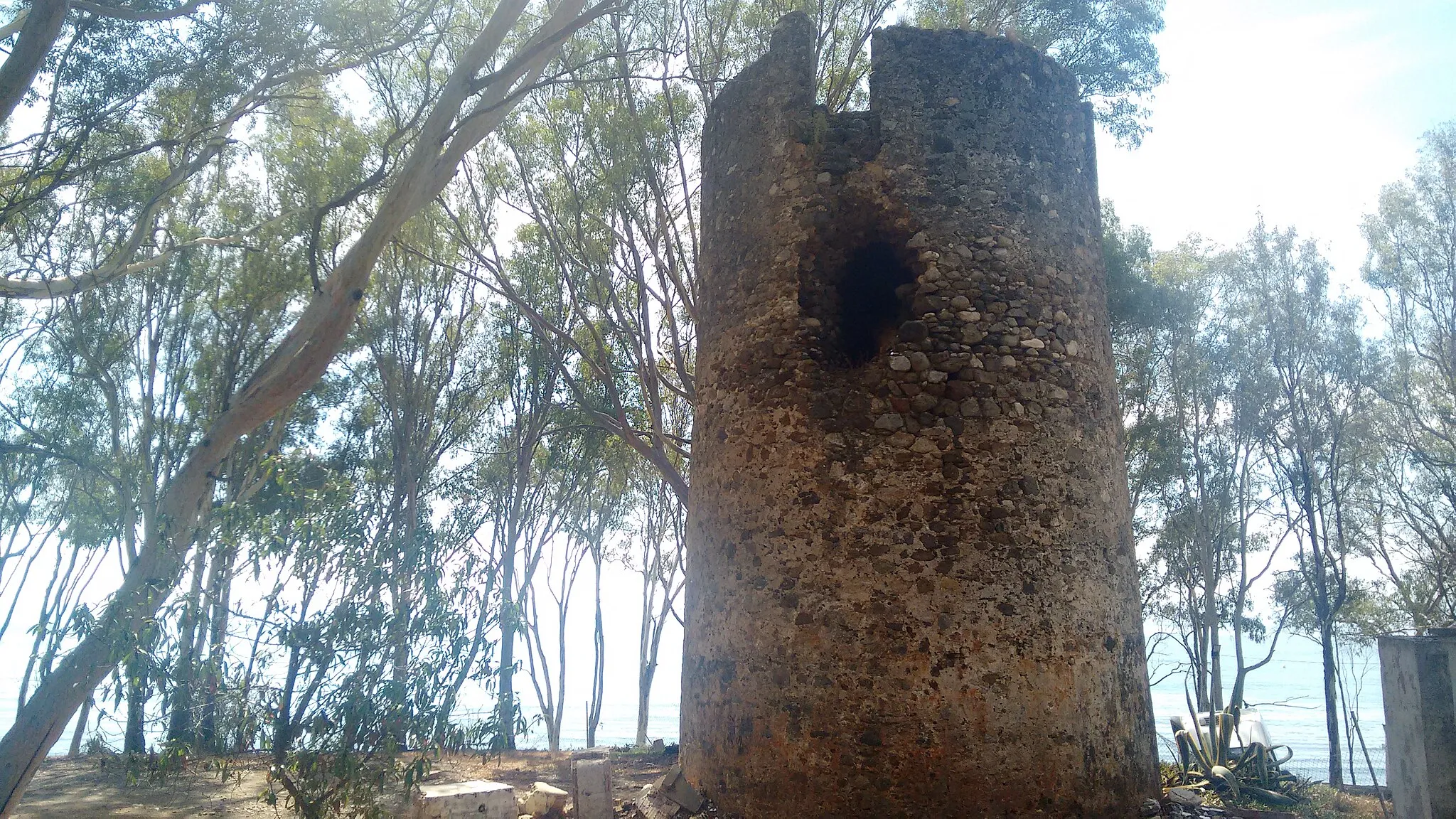 Photo showing: Esta almenara sigue el modelo de las torres de la planta circular y alzado troncocónico, como es el caso de las torres de las Bóvedas y Río Real. En su base inferior presenta un cuerpo macizo, con un núcleo interior de tierra y piedra apisonada y con un revestimiento exterior de mampostería. En la planta alta, a 6,90 metros del suelo, existe una entrada a un único habitáculo dotado de chimenea y con cubierta en forma de cúpula. En el lado orientado al mar se abre una pequeña ventana, desde la que el vigía o torrero ejercía su labor.
Para Juan Temboury se construyó durante la segunda regencia de Fernando V (1511-1516).

Es posible que, a mediados del XVIII, albergara “dos cañones de a cuatro”, lo que debió conllevar reformas arquitectónicas visibles en el petril del lado sur de la terraza que presenta un rebaje sobre el resto del mismo.