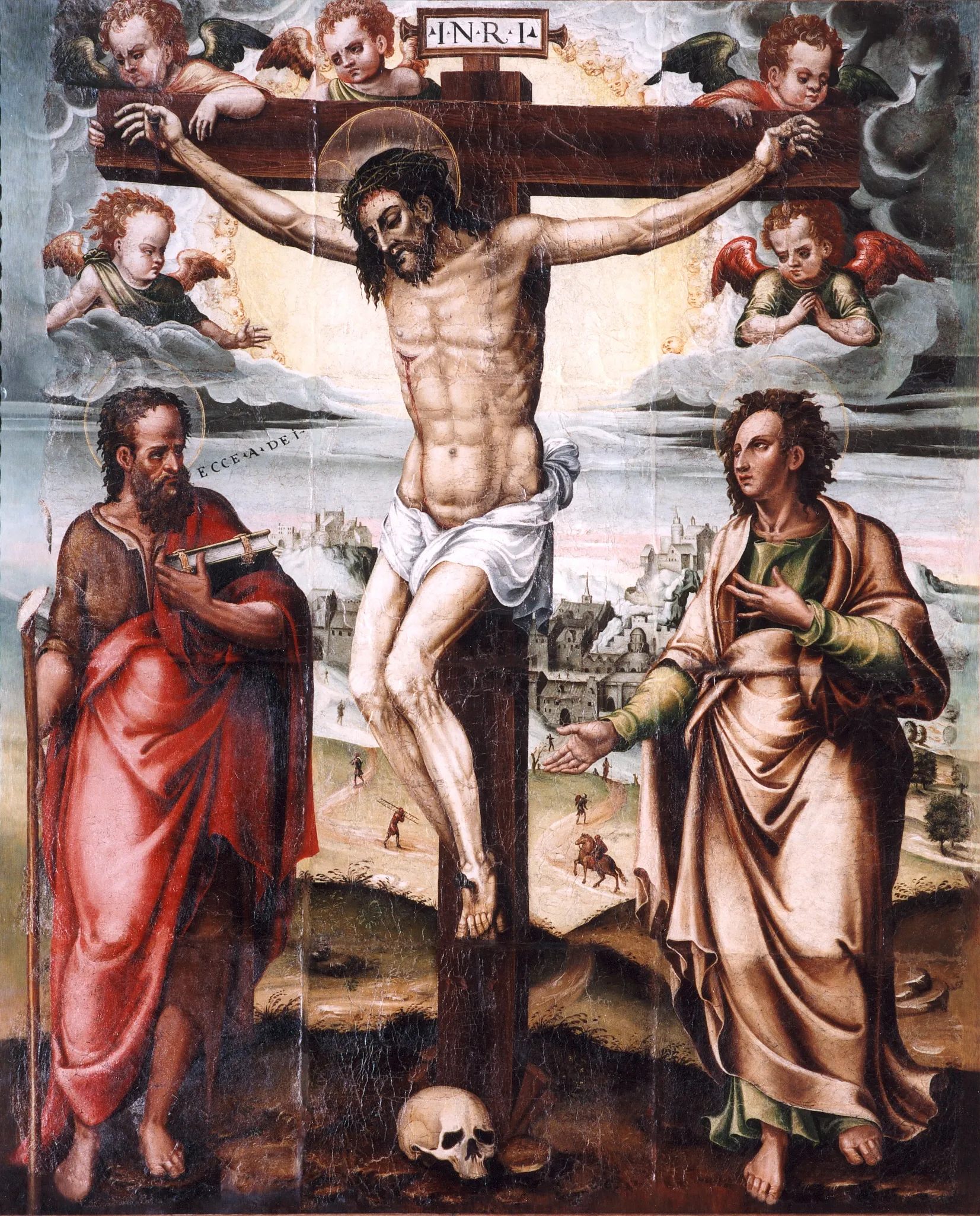 Photo showing: La obra representa a Jesucristo crucificado en el Monte Calvario y acompañado por San Juan Bautista y por San Juan Evangelista, llamados los Santos Juanes.