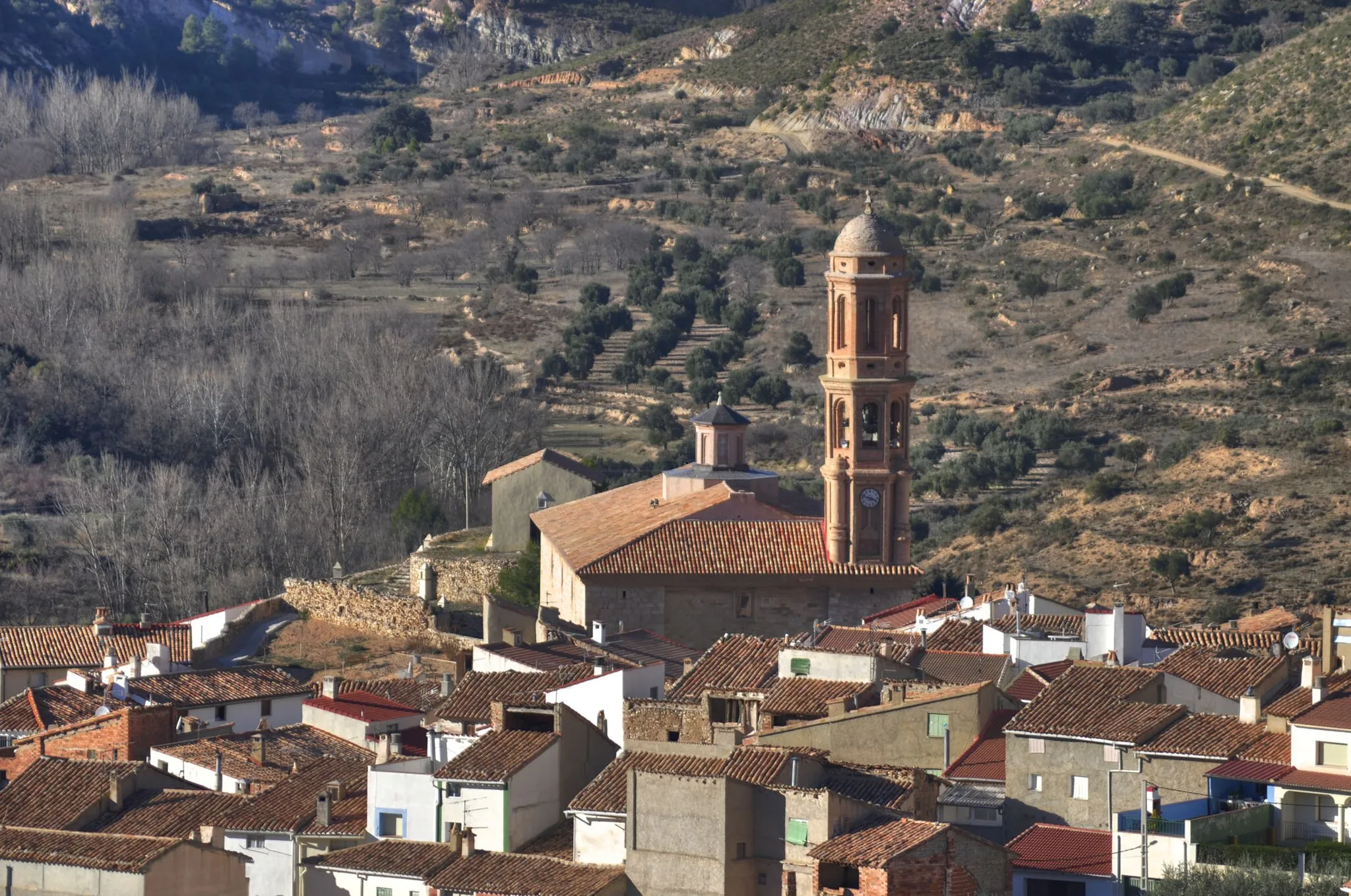 Photo showing: Se trata de la torre de la Iglesia parroquial de San Martín, a la
que se encuentra adosada en el tramo de los pies de la nave
de la Epístola.
Es una torre de planta mixta con cinco cuerpos en altura. El
primero es de planta cuadrada y está realizado en sillar, mejor
escuadrado en las esquinas, mientras que los cuatro restantes
son de planta octogonal y están construidos en ladrillo.
El primero se encuentra separado por una moldura de ladrillo
y un pequeño tejadillo del segundo, que presenta cuatro grandes
columnas en los ángulos. Este cuerpo no cuenta con vanos
abiertos, pero sí con un reloj moderno.
Los dos siguientes presentan vanos de medio punto doblados
y pilastras de refuerzo en los ángulos, mientras que el último
cuerpo, mucho más estrecho que los demás, presenta óculos
y se cierra con una cúpula también realizada en ladrillo.
Al interior, la torre aparece totalmente hueca, con una escalera
de ángulo que llega hasta el cuerpo de campanas.
Se data en la primera mitad del s.XVII y responde a modelos
del mudéjar tardío con inclusión de elementos del barroco clasicista.

Entorno