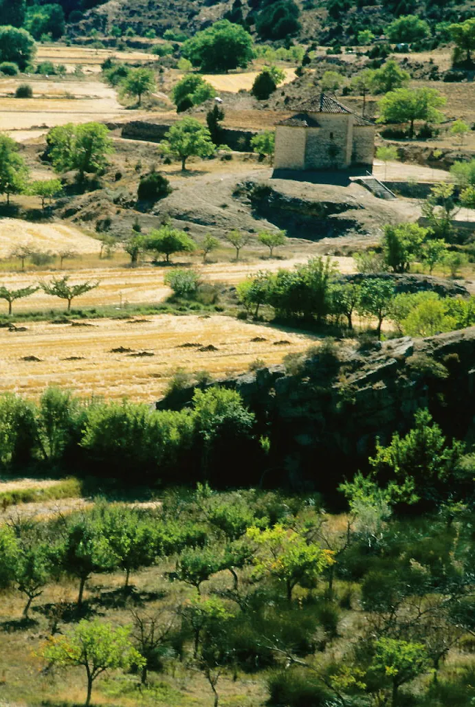 Photo showing: Fields and a chapel at Mochales, Guadalajara, Castile-La Mancha, Spain