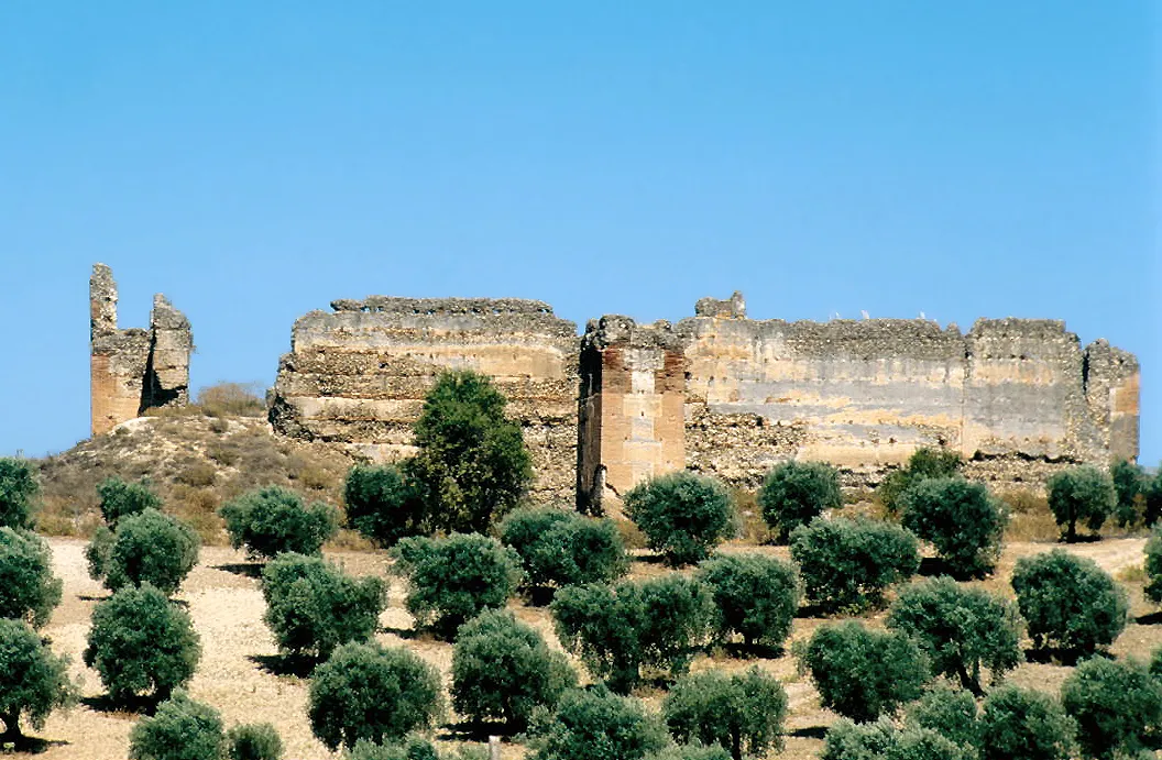 Photo showing: Ruins of the Castle of Villalba [Bolobras] and olive orchard. Cebolla, Toledo, Castile-La Mancha, Spain