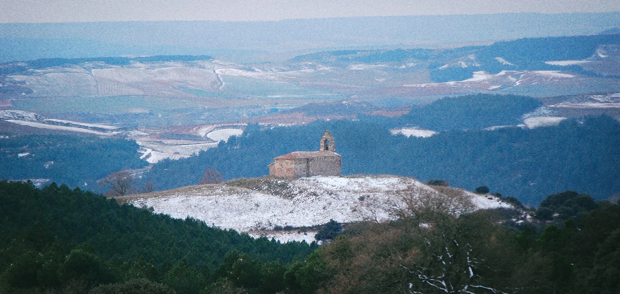 Photo showing: Panorámica de la Ermita del Santo Cristo de San Quirce de Río Pisuerga, tomada en 1982.