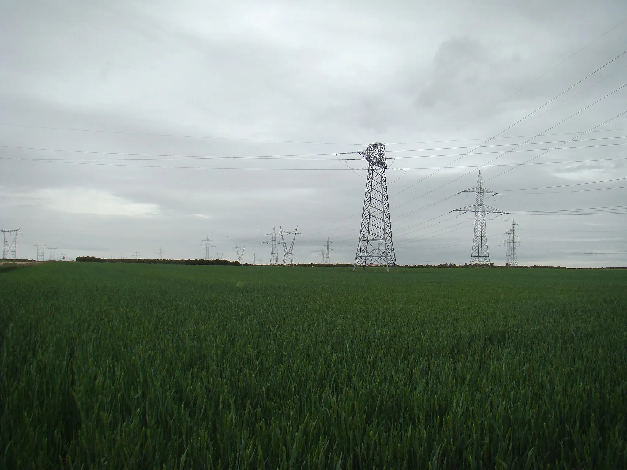 Photo showing: Electricity pylons near La Mudarra substation, Spain