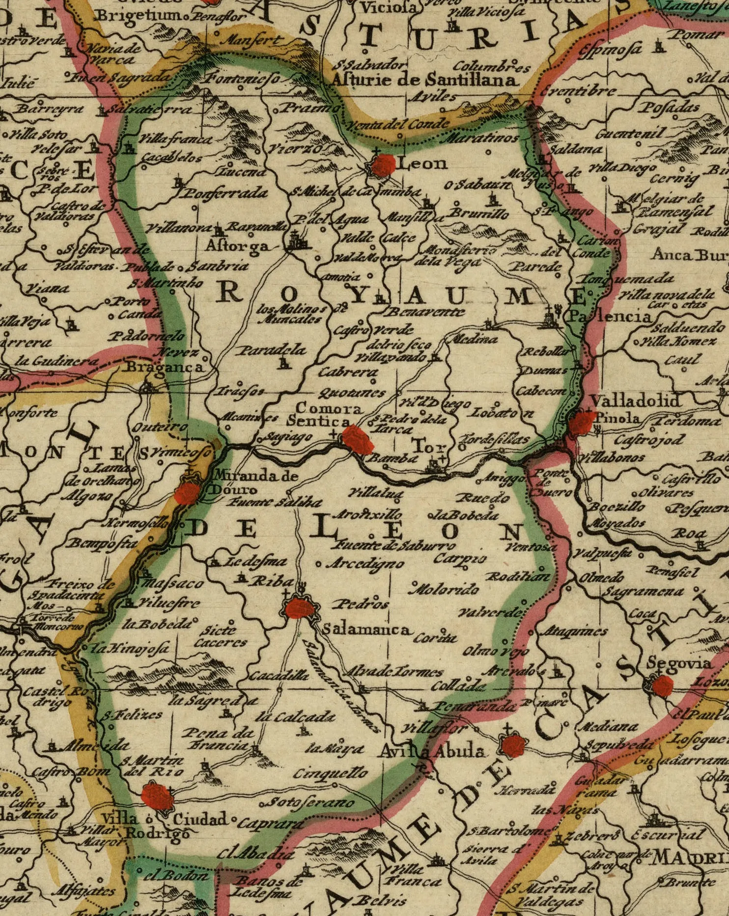 Photo showing: Detalle del Reino de León en el mapa "Carte Generale des Royaumes d'Espagne & de Portugal avec leurs principales divisions &c.", realizado en 1705 por Pierre Husson