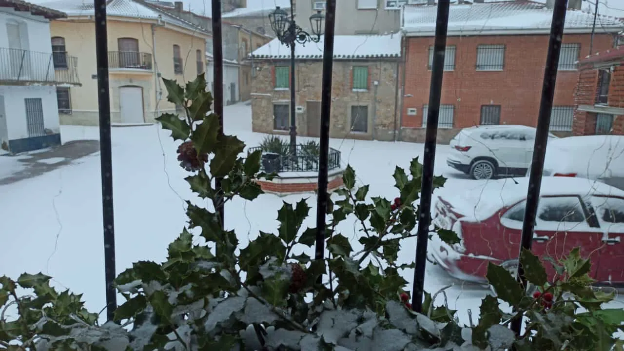 Photo showing: Vista de la Plaza Mayor de El Maderal durante las nevadas del temporal Filomena, Zamora