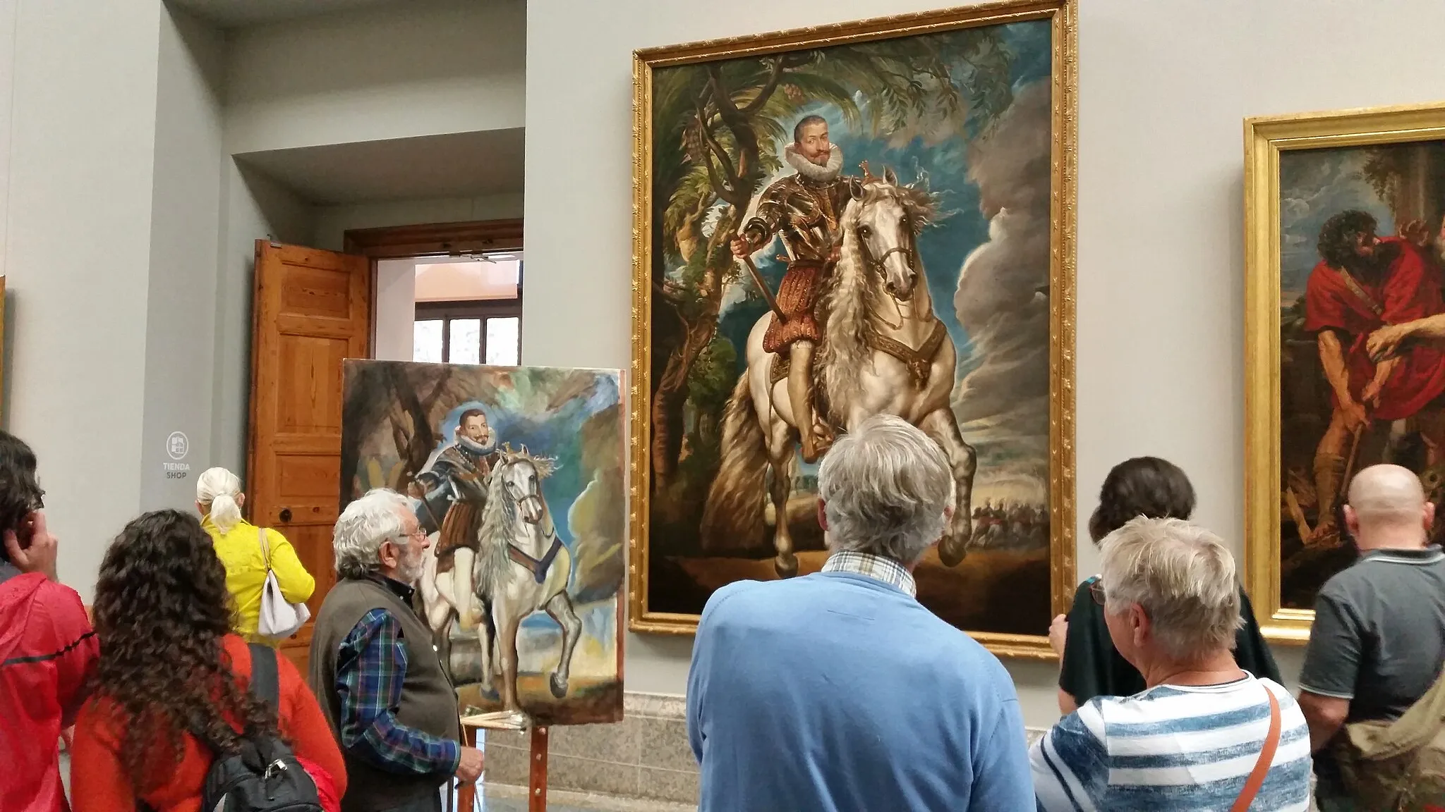 Photo showing: Ángel García de Diego, copista oficial del Museo Nacional del Prado, realizando una copia del retrato ecuestre del Duque de Lerma de Pedro Pablo Rubens, en el propio Museo del Prado, Madrid, España.