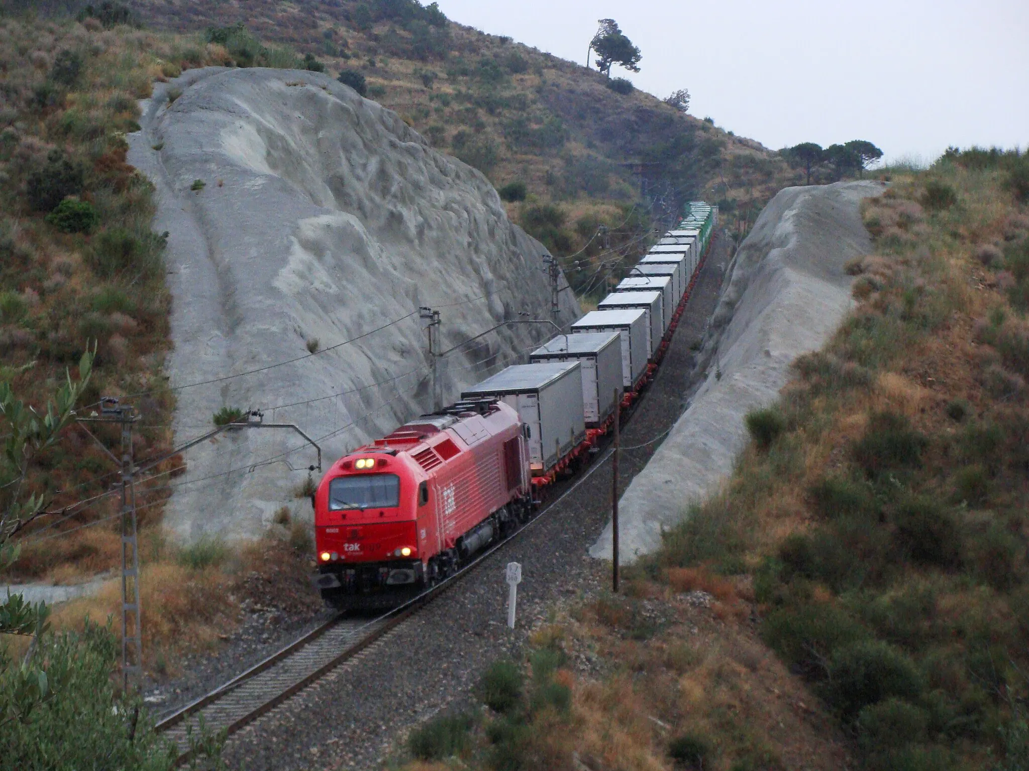 Photo showing: El dia que vaig baixar a terres tarragonines per trobar-me amb en Manu i en Javier, vam poder gaudir d'unes quantes circulacions de mercaderies. Aquesta en concret ens va fer suar, ja que el van parar a Reus i la foscor se'ns tirava al damunt, al final i quan ja marxàvem un SMS al mòbil de Javier, ens va fer córrer muntanya amunt, per enxampar a la 6002 amb el TECO de Takargo/Comsa  Constantí -> Vilar Formoso entre les poblacions de Riudecanyes i Duesaigües. La foto te una mica de soroll, però no vaig poder fer mes.