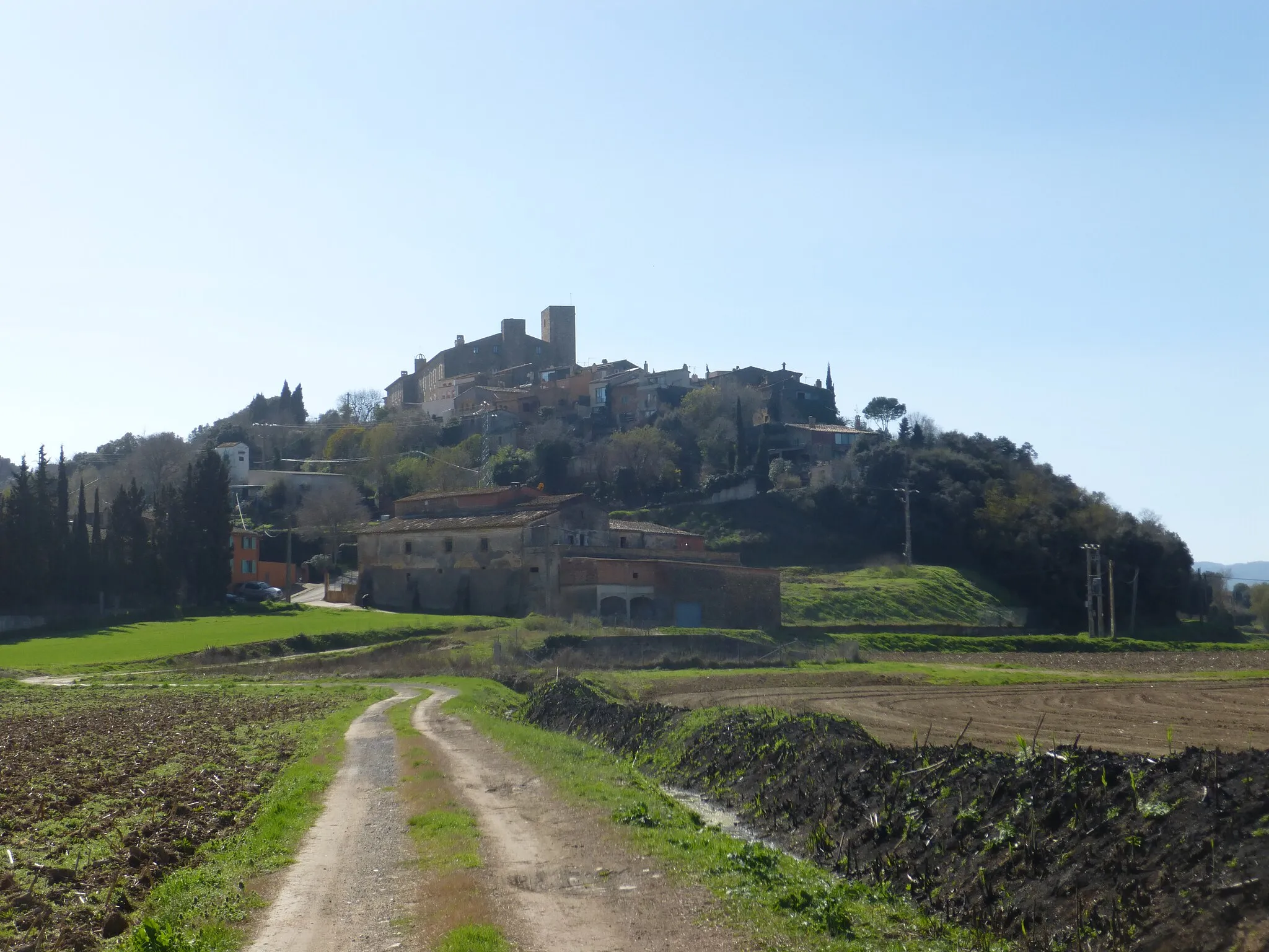 Photo showing: El poble de Castell d'Empordà, dalt del turó, vist des de la plana del Daró.