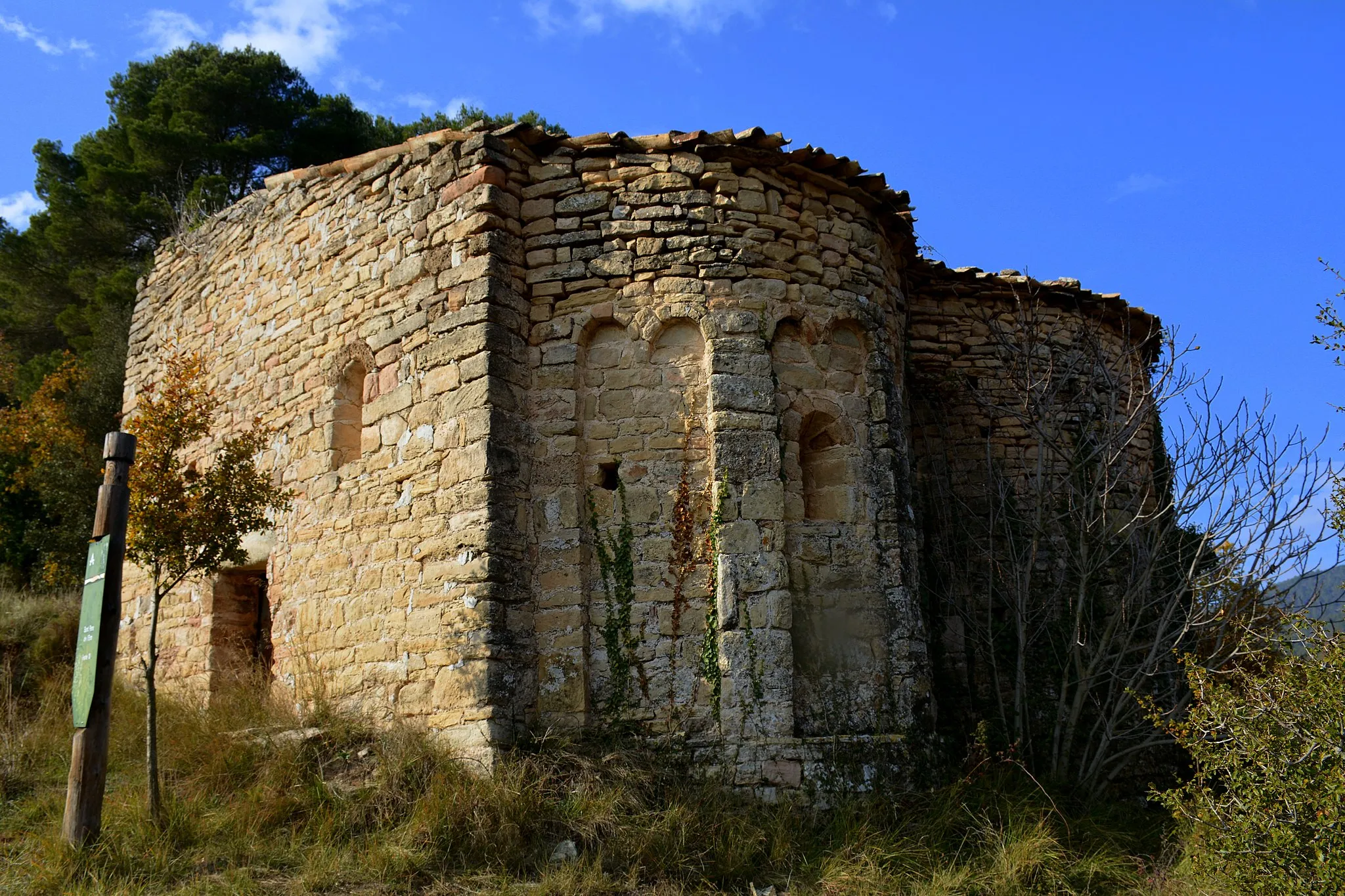 Photo showing: Sant Pere de l'Erm: Està situada enmig de camps de conreu. Sembla que va ser construïda a començament del segle XI per vertebrar un nucli de poblament que no va arribar a existir.