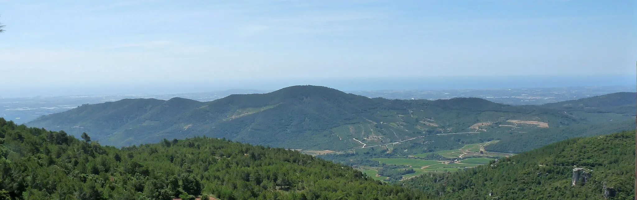 Photo showing: The Puig d'en Cama seen from the north, near l'Albiol. Between there are the ravine of the Trilles (on the right) and the stream of la Selva del Camp (on the left). Above the ridge, on the left side, there are some trees around the hermitage of Sant Pere de la Selva. Behind the Puig d'en Cama, the Baix Camp on the right and the Tarragonès on the left.