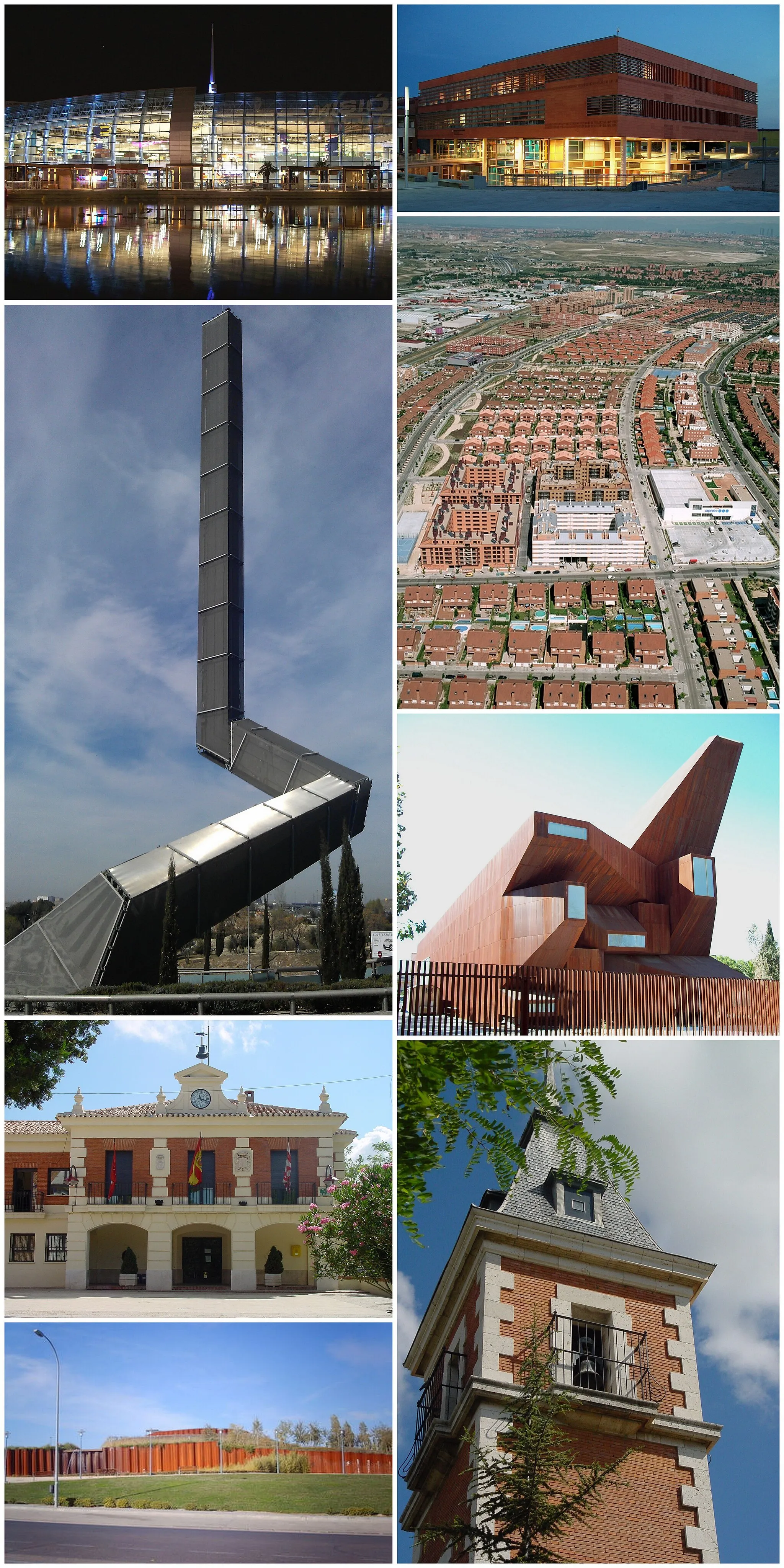 Photo showing: Left: H2O mall, av. Almendros monolith, April 19th square, Bellavista park. Right: City hall, city centre, Santa Mónica church, Casco church