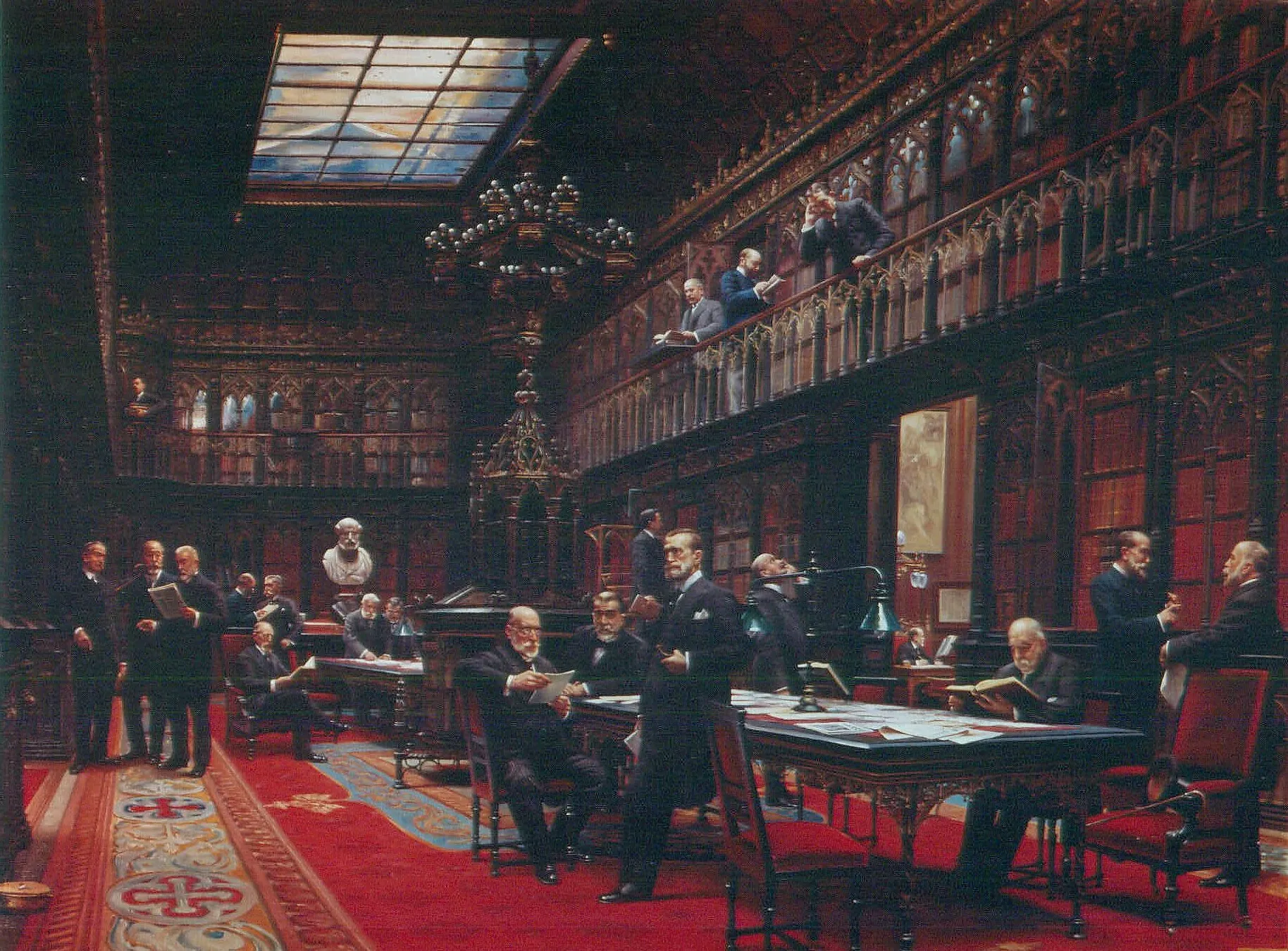Photo showing: El lienzo representa el Salón de lectura de la Biblioteca del Palacio del Senado de España en febrero de 1917, durante el reinado de Alfonso XIII.