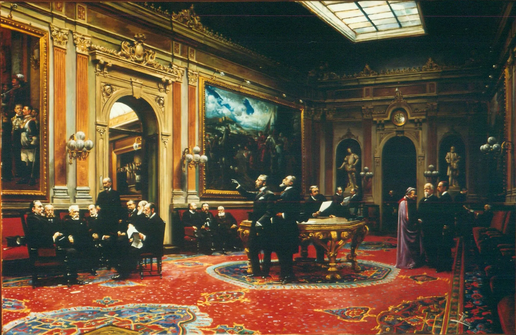 Photo showing: El lienzo representa el Salón de Conferencias, conocido también como el Salón de Pasos Perdidos, del Palacio del Senado de España en 1904, durante el reinado de Alfonso XIII.