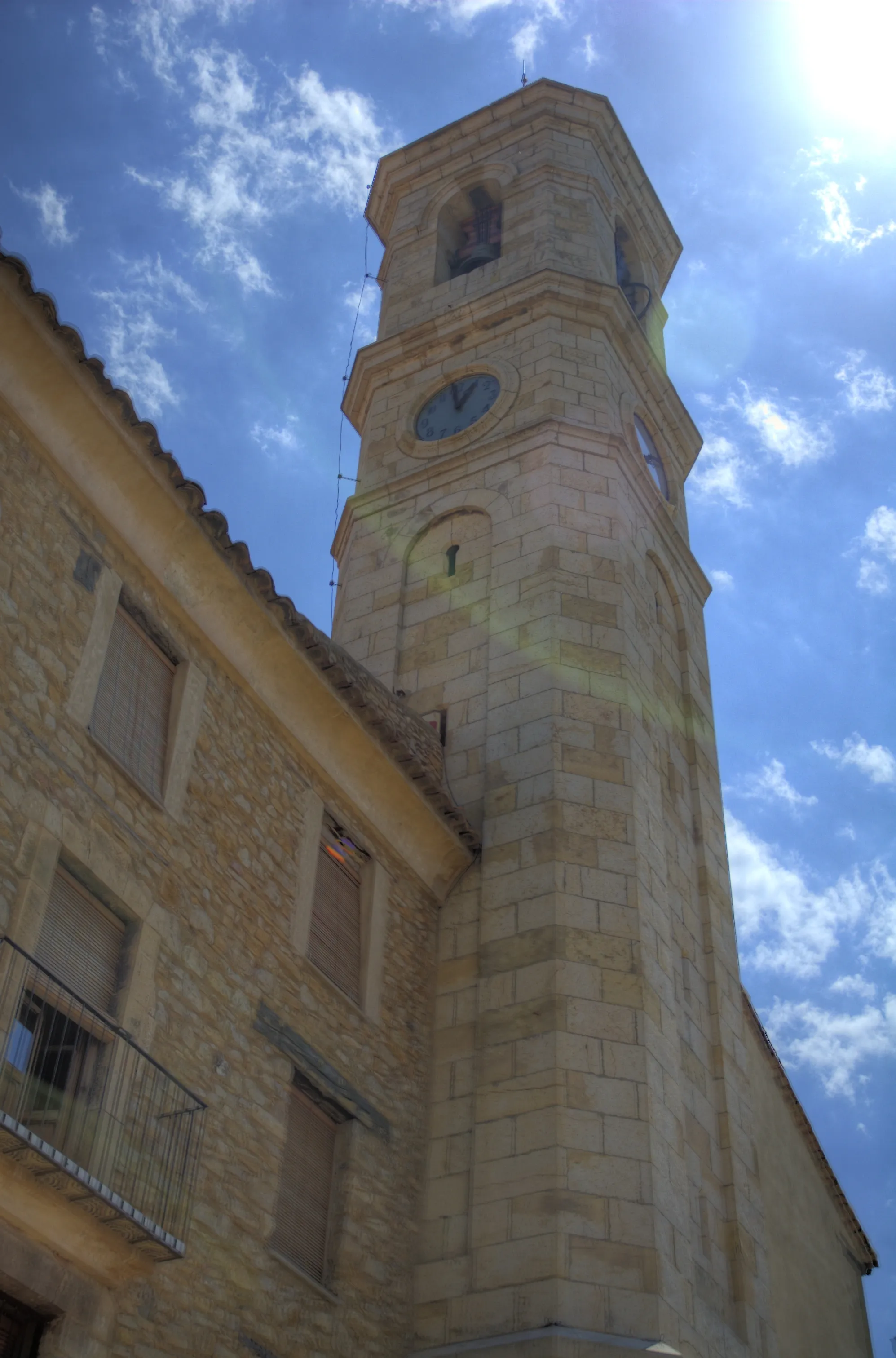 Photo showing: Church tower in Vilafranca (Ports), Spain