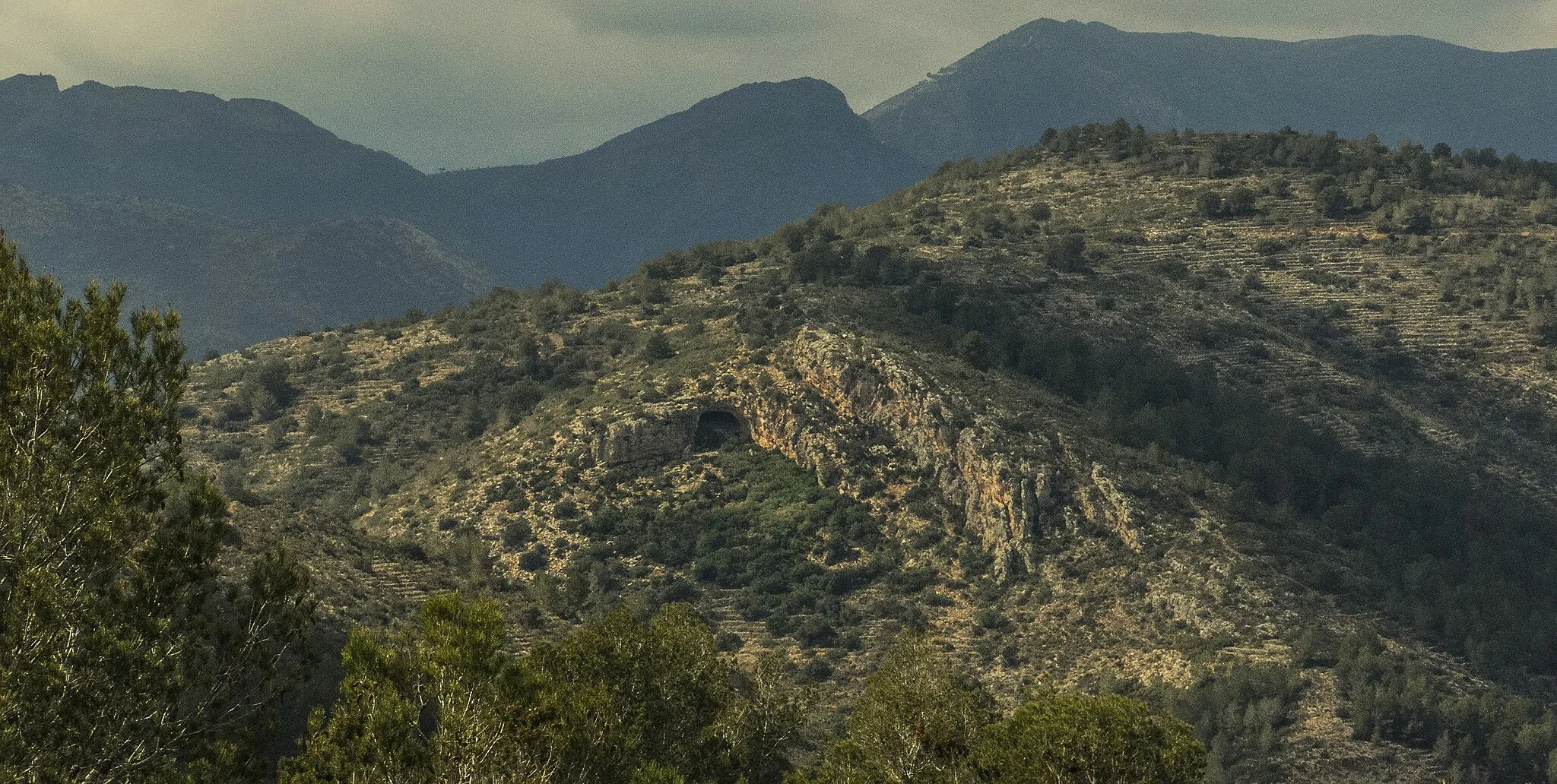 Photo showing: La Cova de la Garganta té un recorregut de 59 metres i una amplària d'uns 13 metres. La seua altitud, des de la base al seu sostre natural, arriba als 3'5 metres de mitjana. Està situada al municipi de Senija, al nord de la  població principal del municipi (Marina Alta)