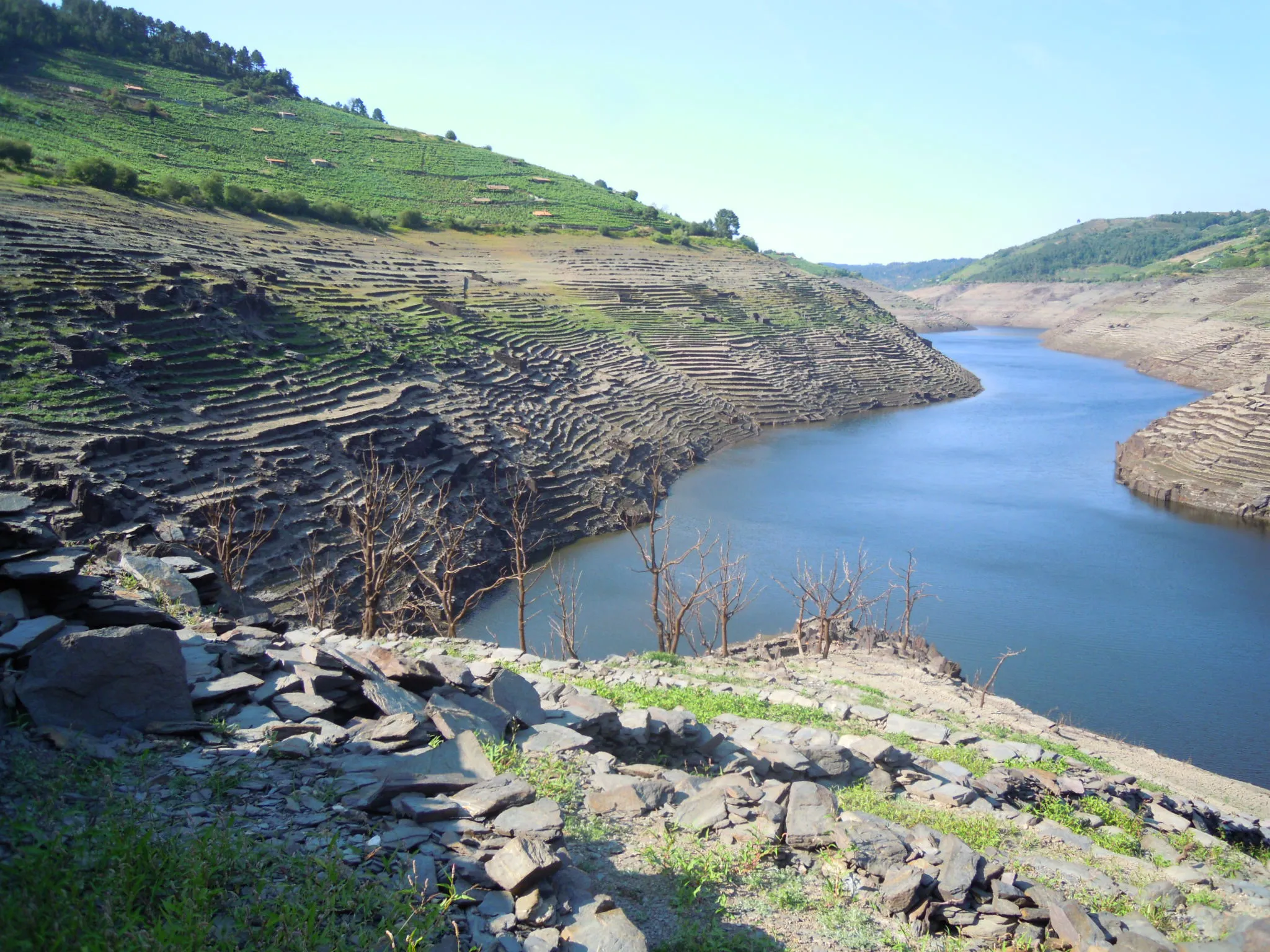 Photo showing: Río Miño no encoro de Belesar, que anega as abas antigamente usadas para plantar vide nos socalcos. Á esquerda, a desembocadura do río Enviande, que separa as parroquias de Sobrecedo (Taboada) e Pedrafita (Chantada), desde a cal se tomou a foto, no Castro Candaz. Á dereita, a parroquia de o concello do Saviñao.