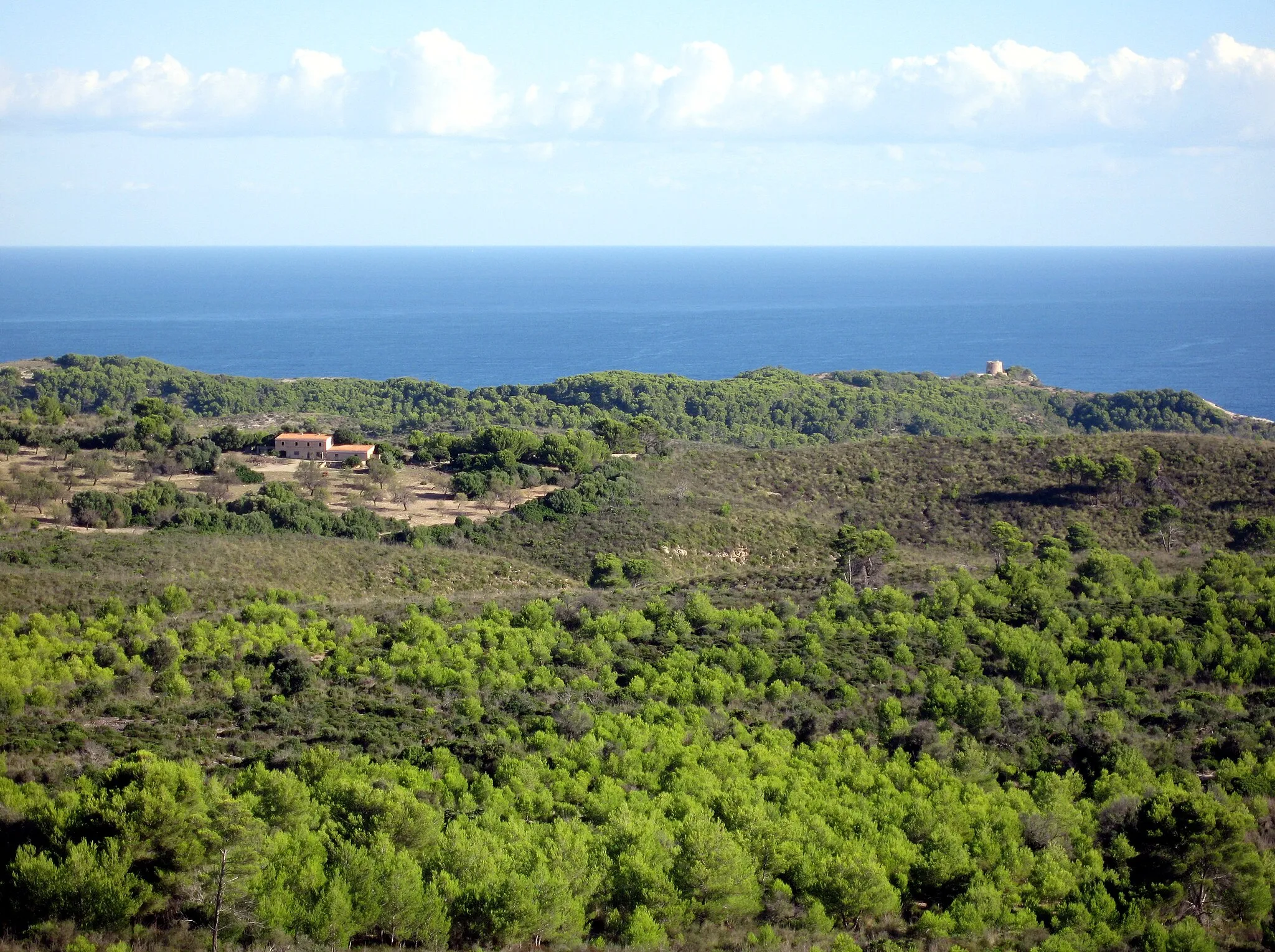Photo showing: Blick auf das Landgut Aubarca (Albarca) und den Turm von es Matzoc (Torre des Matzoc oder Torre d'Aubarca) an der Nordostküste von Mallorca, Spanien