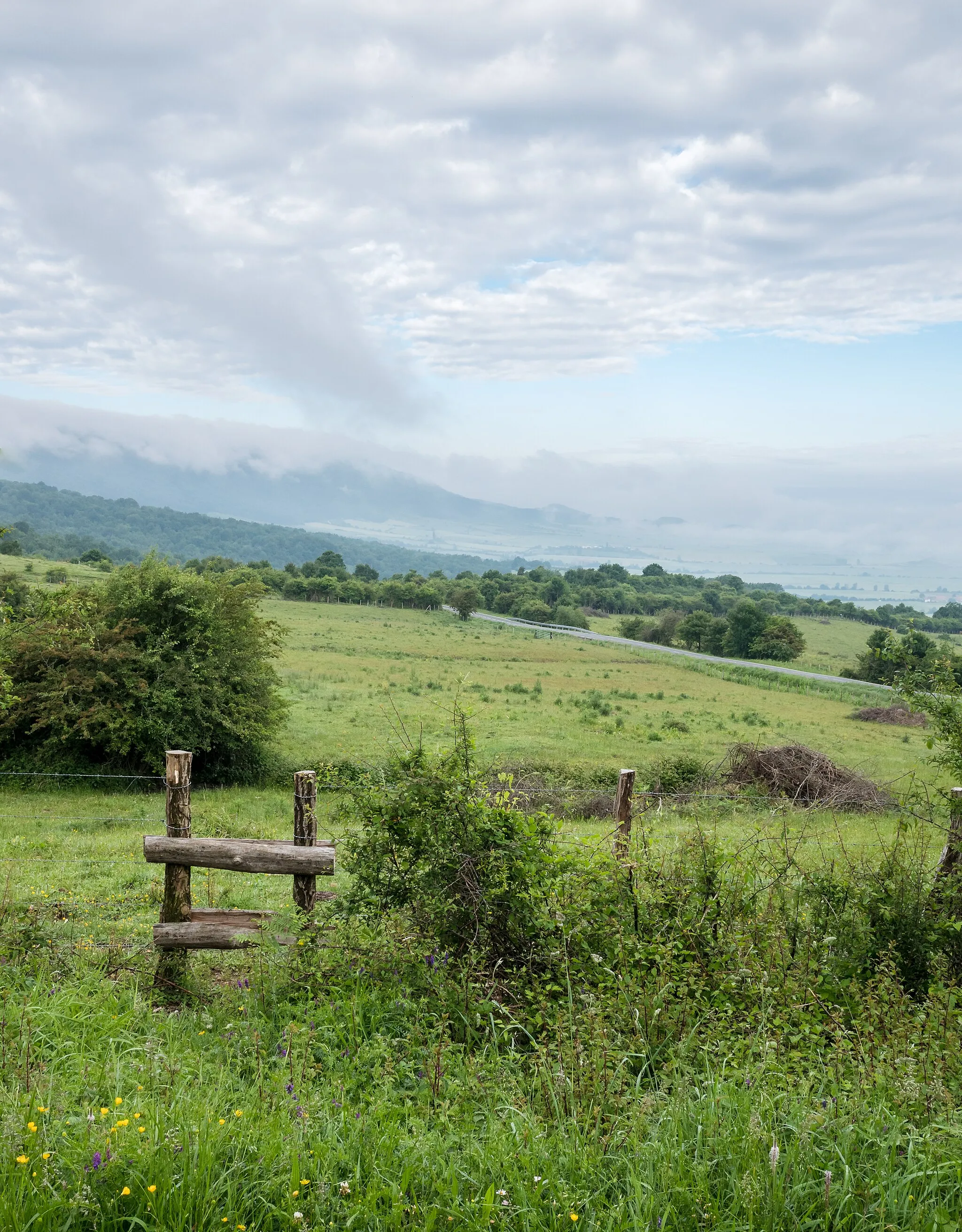 Photo showing: Landscape at the Opakua mountain pass. A stile, pastures, fog and the Iturrieta mountain range. Álava, Basque Country, Spain