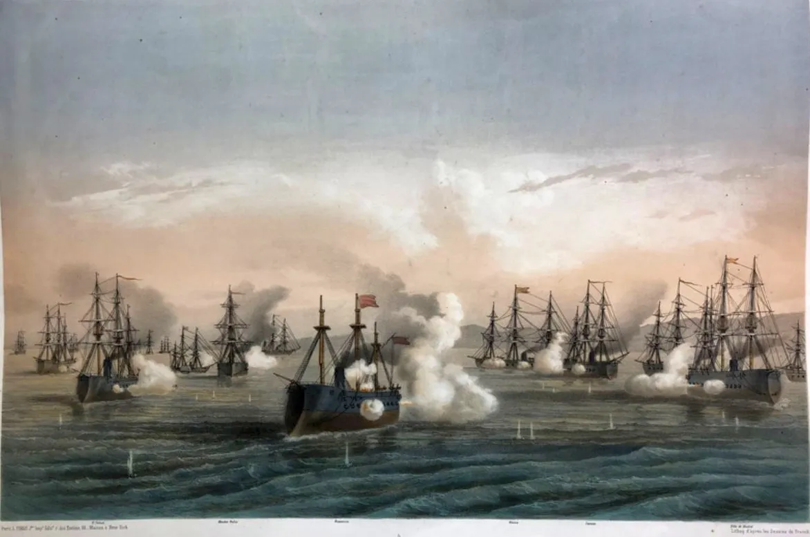 Photo showing: Naval combat before Cartagena, on the 8th of October 1873 (however, this dating is wrong, this naval battle took part on the 11th of October), in the centre the Spanish ironclad Numancia