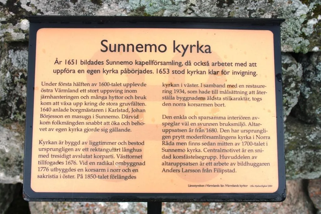 Photo showing: Sunnemo in Hagfors kommun, Sweden. Parish church, public info board.