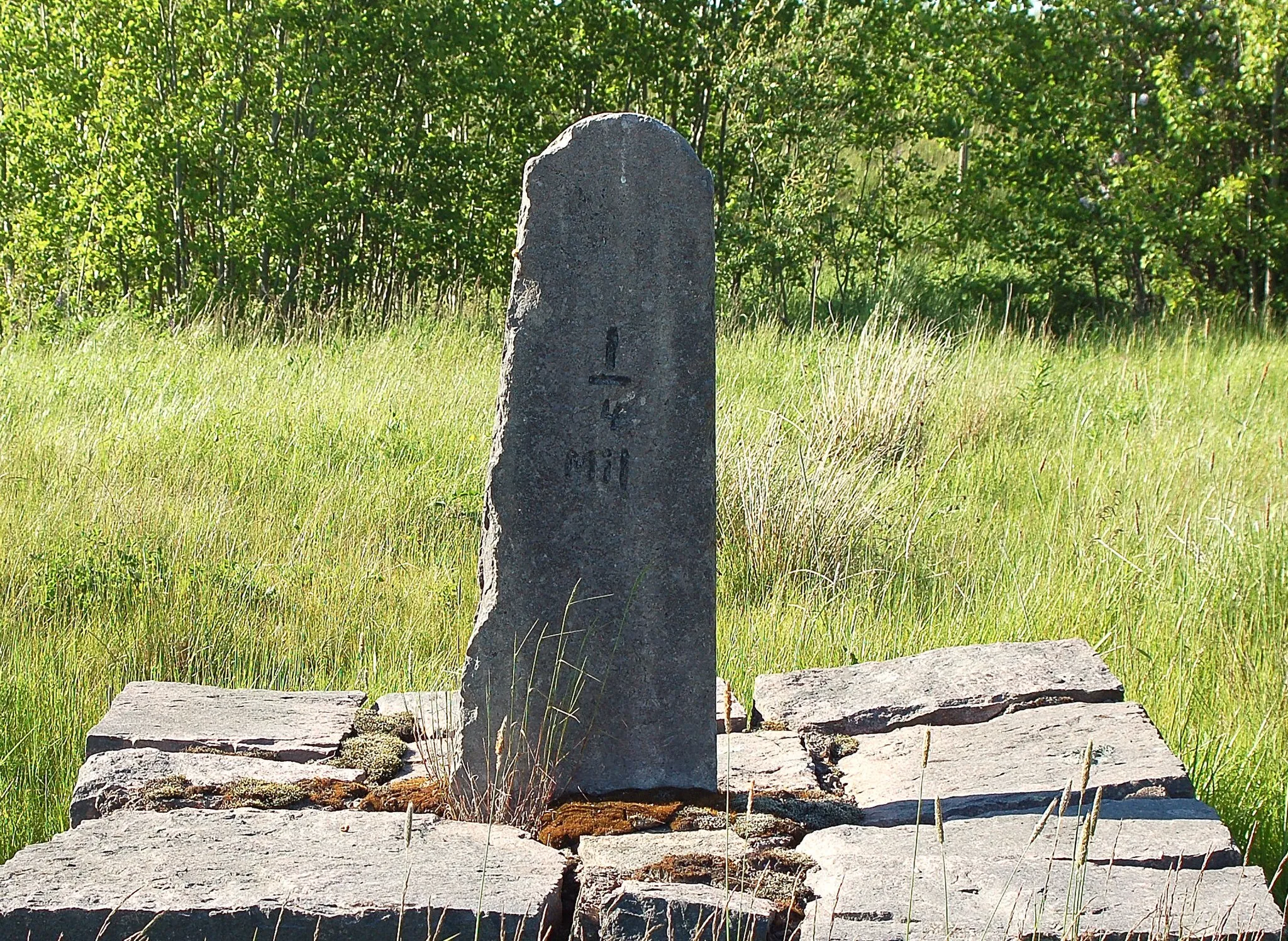 Photo showing: Milstolpe, cement, 1.2 m hög, 0.4 m bred vid basen och avsmalnande uppåt och 0.1 m tjock.Inskription åt söder 1/4 MIL Fundament, 1.5x1.5 meter och 0.9 m högt av huggna gråstensblock 0.3-1 m. RAÄ-nummer Östra Fågelvik 1:1