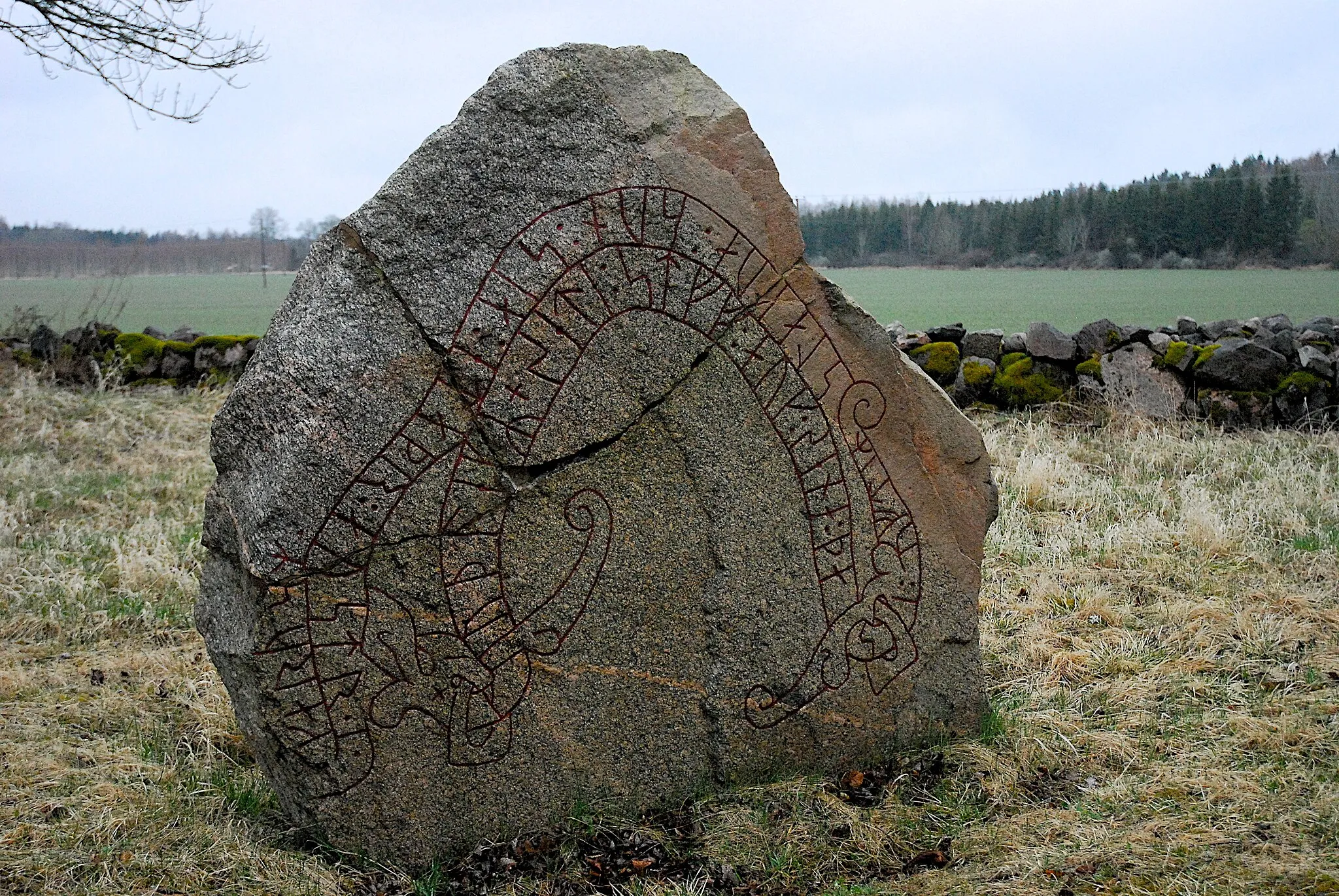 Photo showing: En av runstenarna (Vs 1) som står alldeles bredvid Stora Rytterne kyrkoruin, strax utanför Västerås.