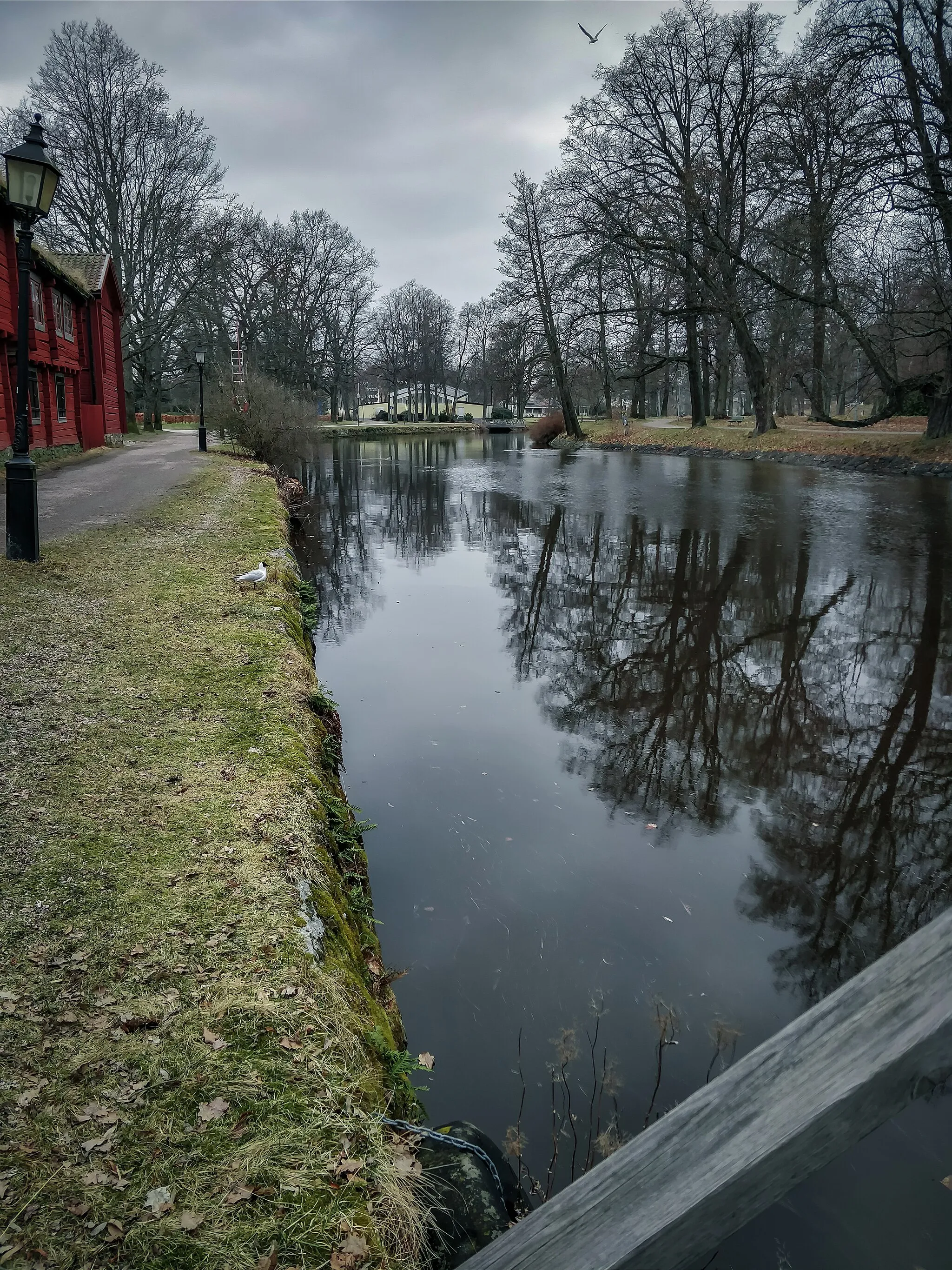 Photo showing: Trees with fallen leaves over a calm river in Swedish old town of Wadköping.